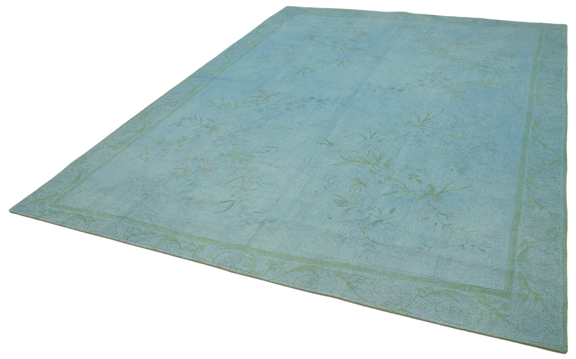 Handmade Wool Area Rug – Blue Floral Rug, Cotton Wool Carpet 7'9''x10'3''