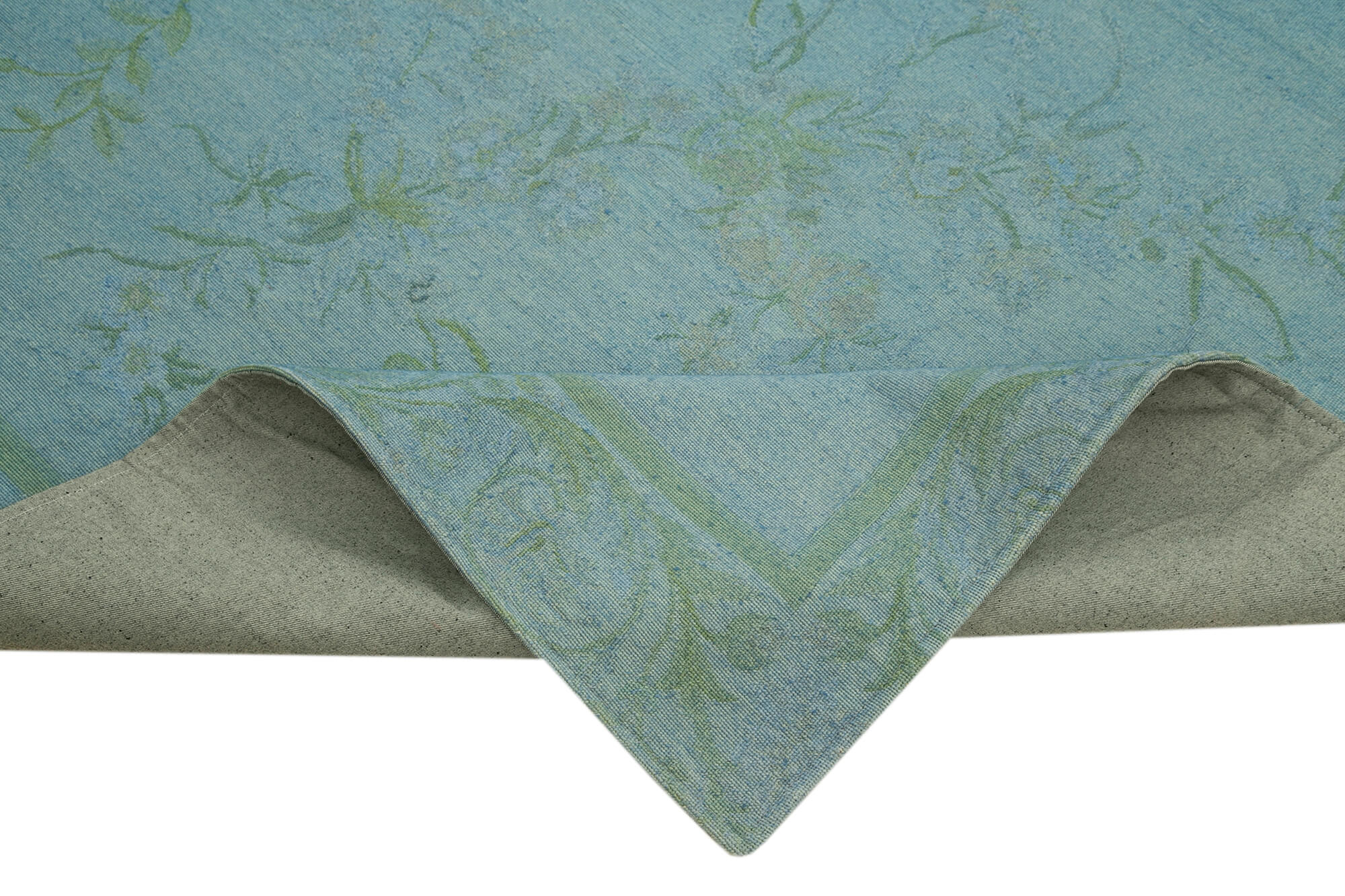 Handmade Wool Area Rug – Blue Floral Rug, Cotton Wool Carpet 7'9''x10'3''