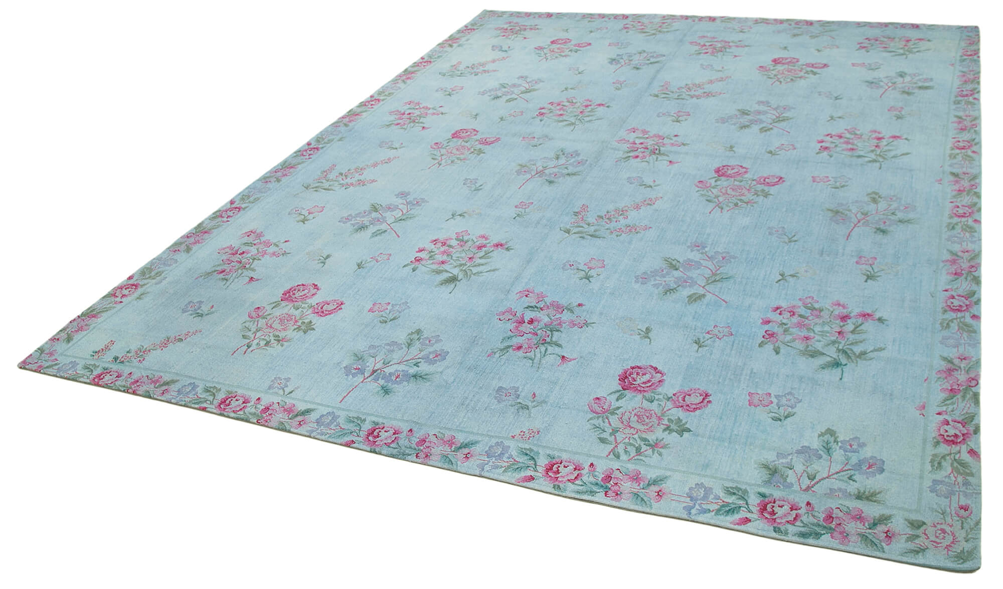 Handmade Wool Area Rug – Blue Floral Rug | Cotton Wool Carpet 8'2''x11'2''