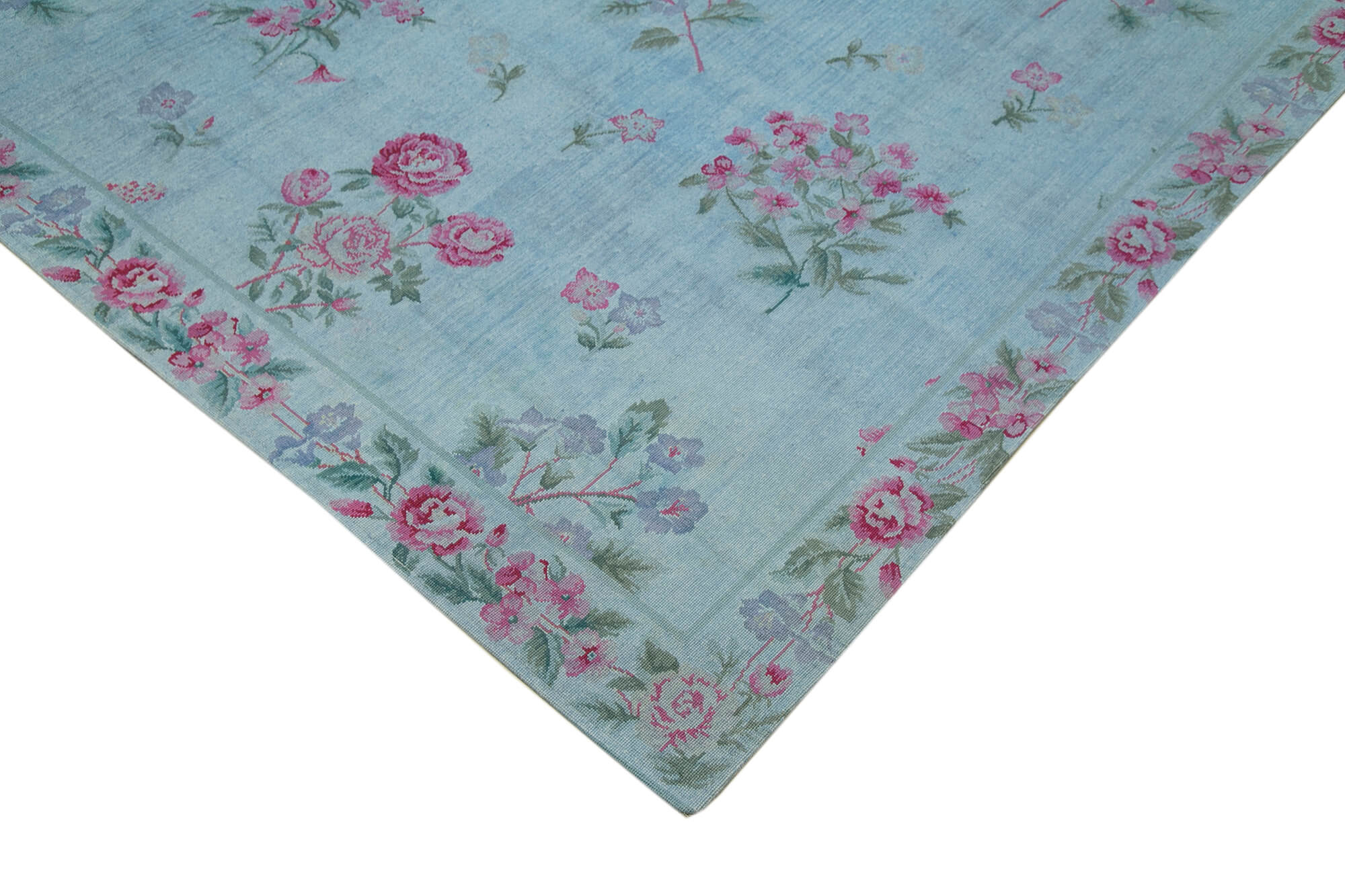 Handmade Wool Area Rug – Blue Floral Rug | Cotton Wool Carpet 8'2''x11'2''