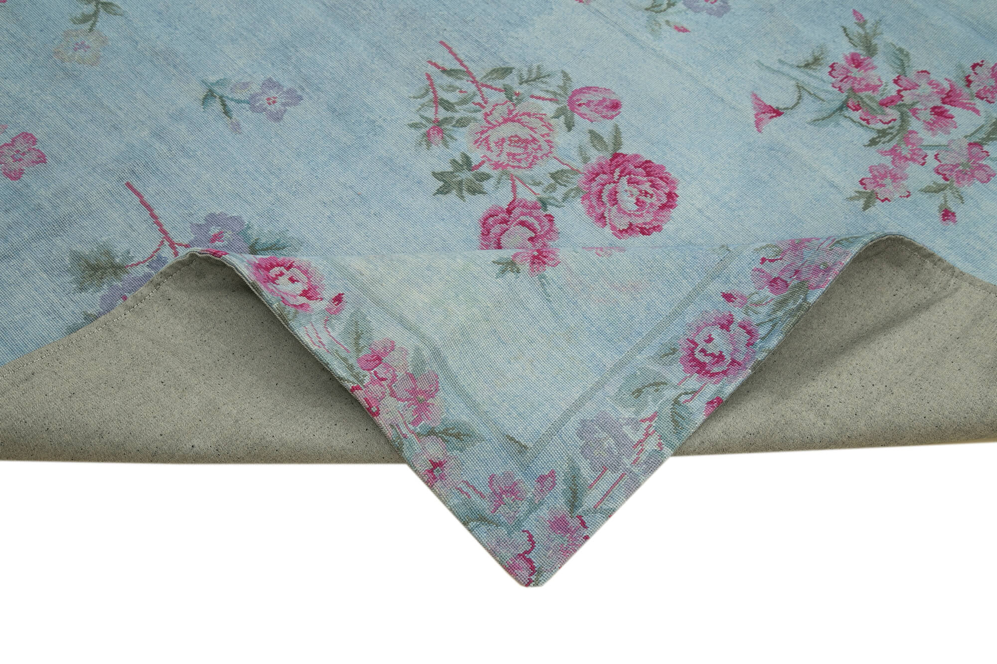 Handmade Wool Area Rug – Blue Floral Rug | Cotton Wool Carpet 8'2''x11'2''