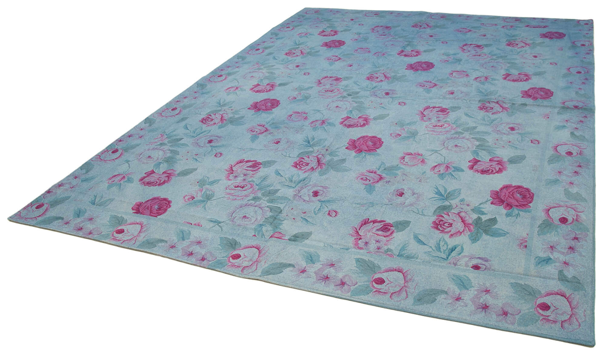 Handmade Wool Area Rug – Blue Floral Cotton Wool Carpet 8'2''x11'4'' Elegant Design