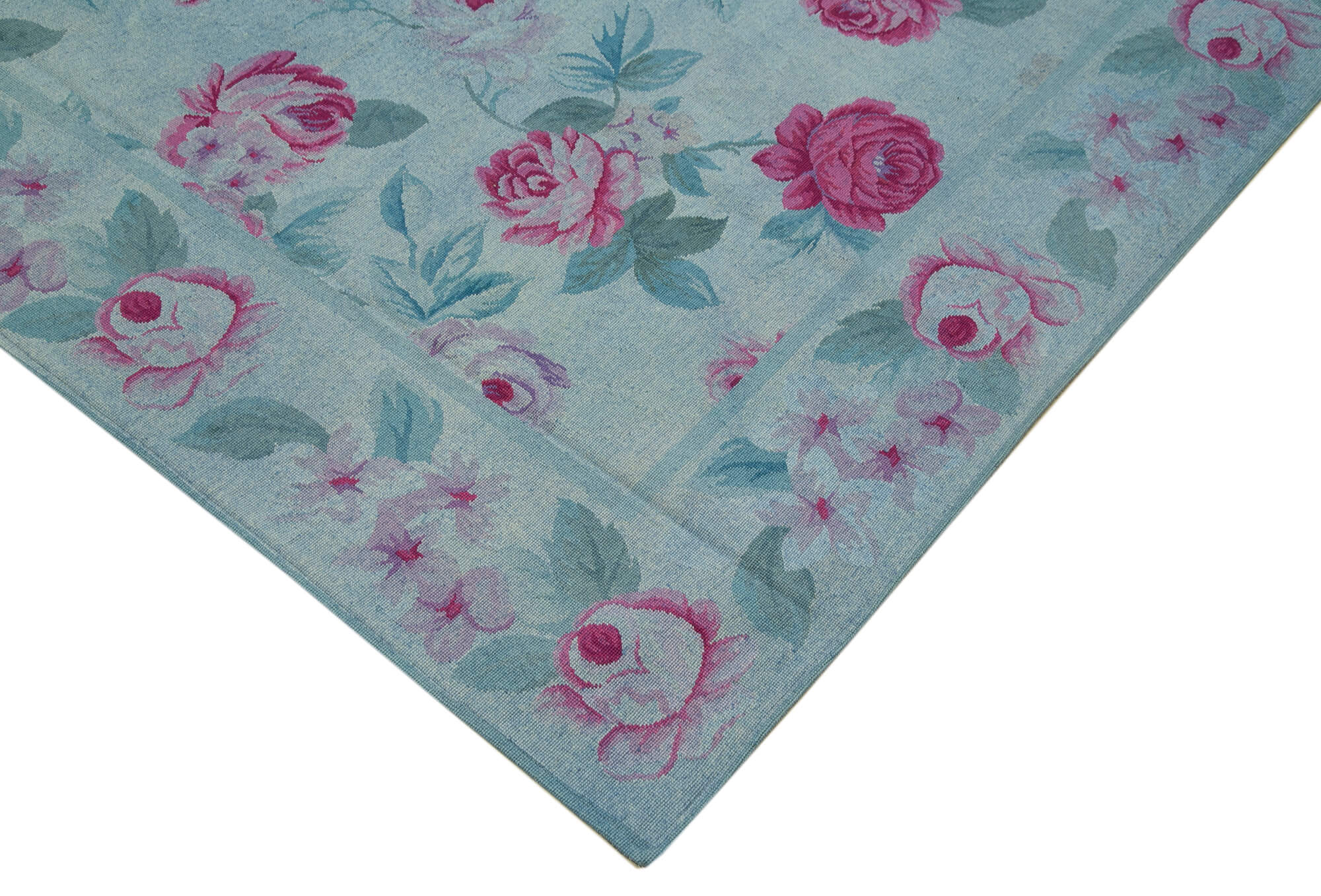 Handmade Wool Area Rug – Blue Floral Cotton Wool Carpet 8'2''x11'4'' Elegant Design