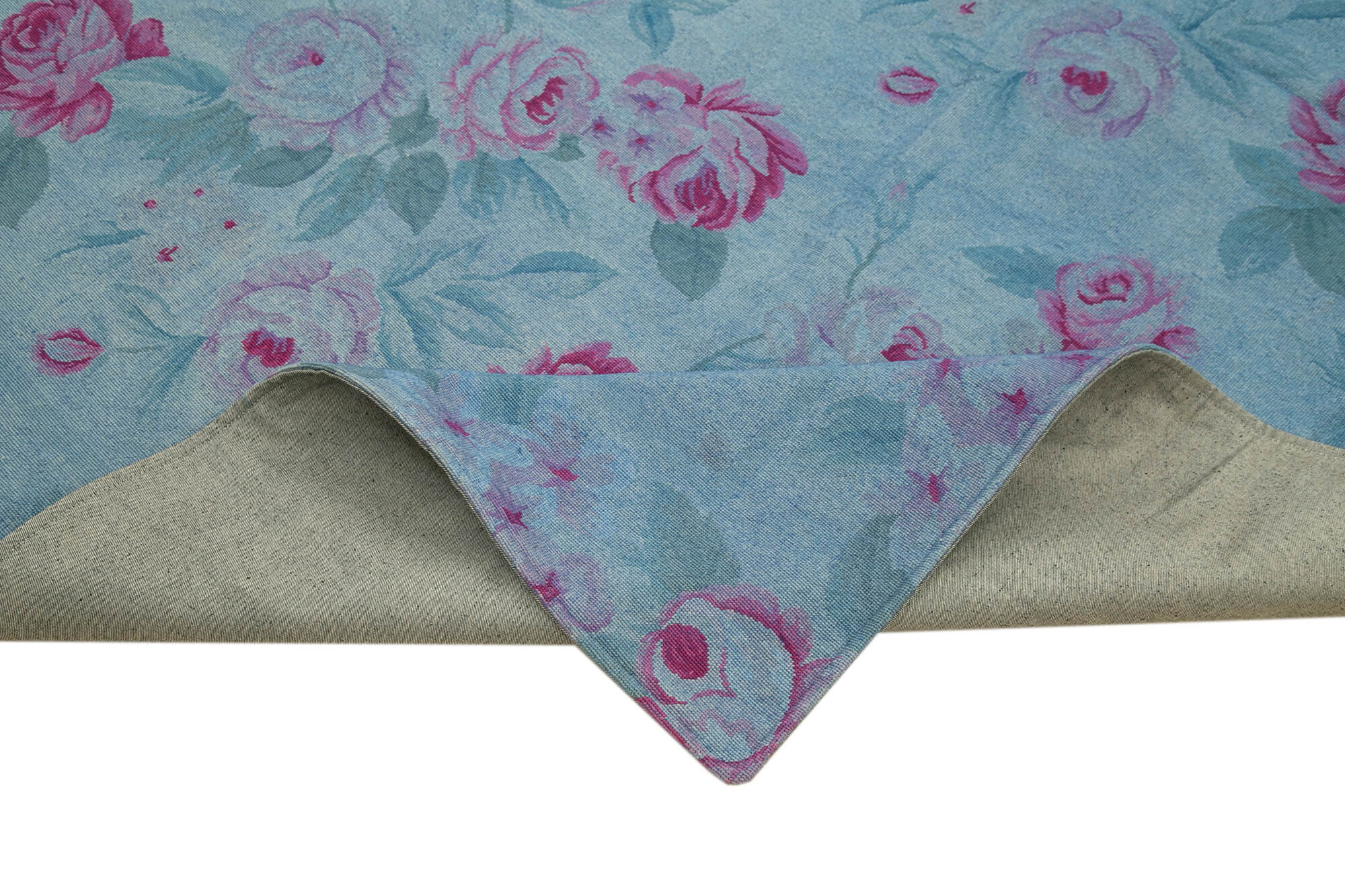 Handmade Wool Area Rug – Blue Floral Cotton Wool Carpet 8'2''x11'4'' Elegant Design