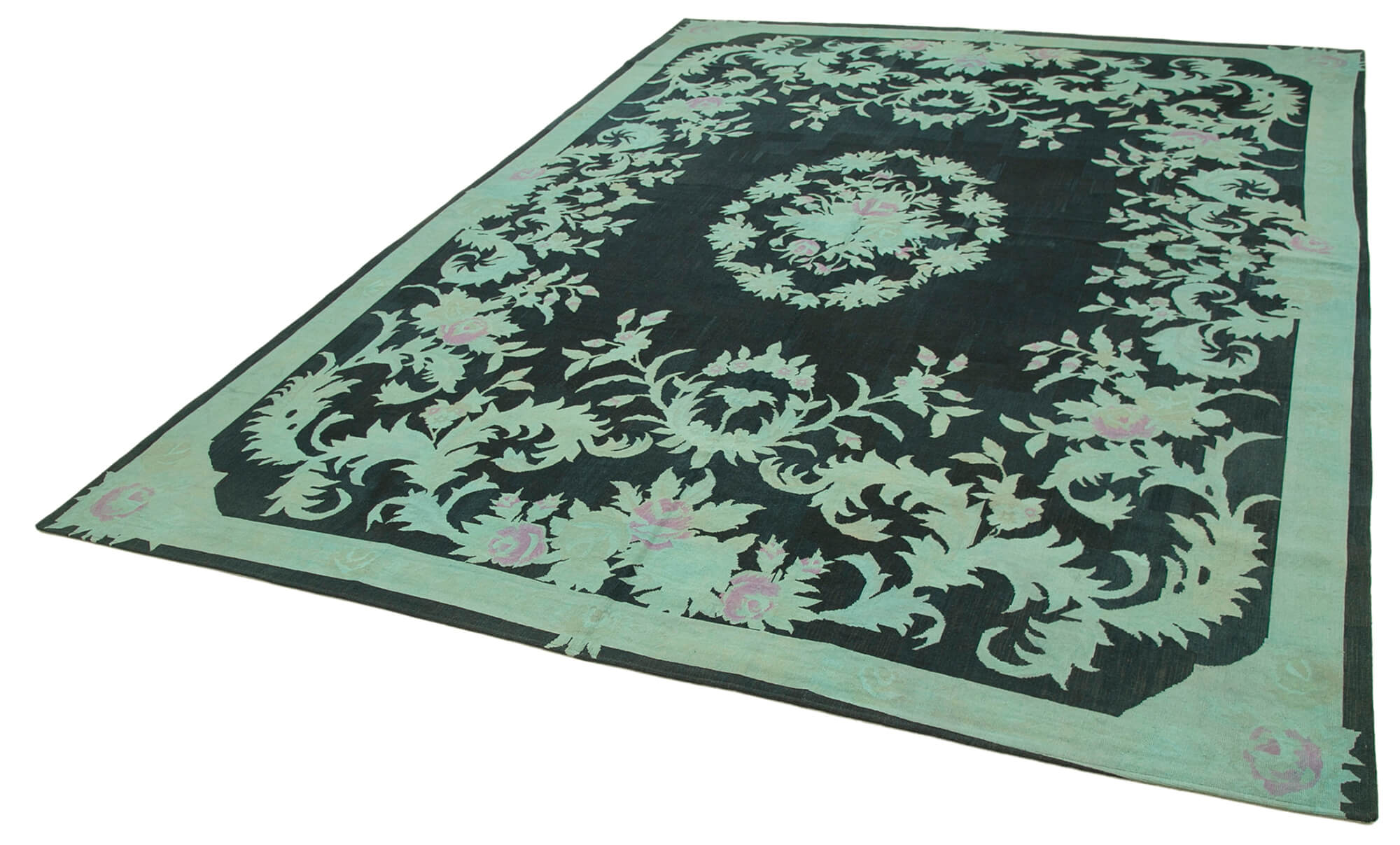 Handmade Area Rug - Turquoise Floral Cotton Wool Vintage Wool Rug 7'9" x 10'6"