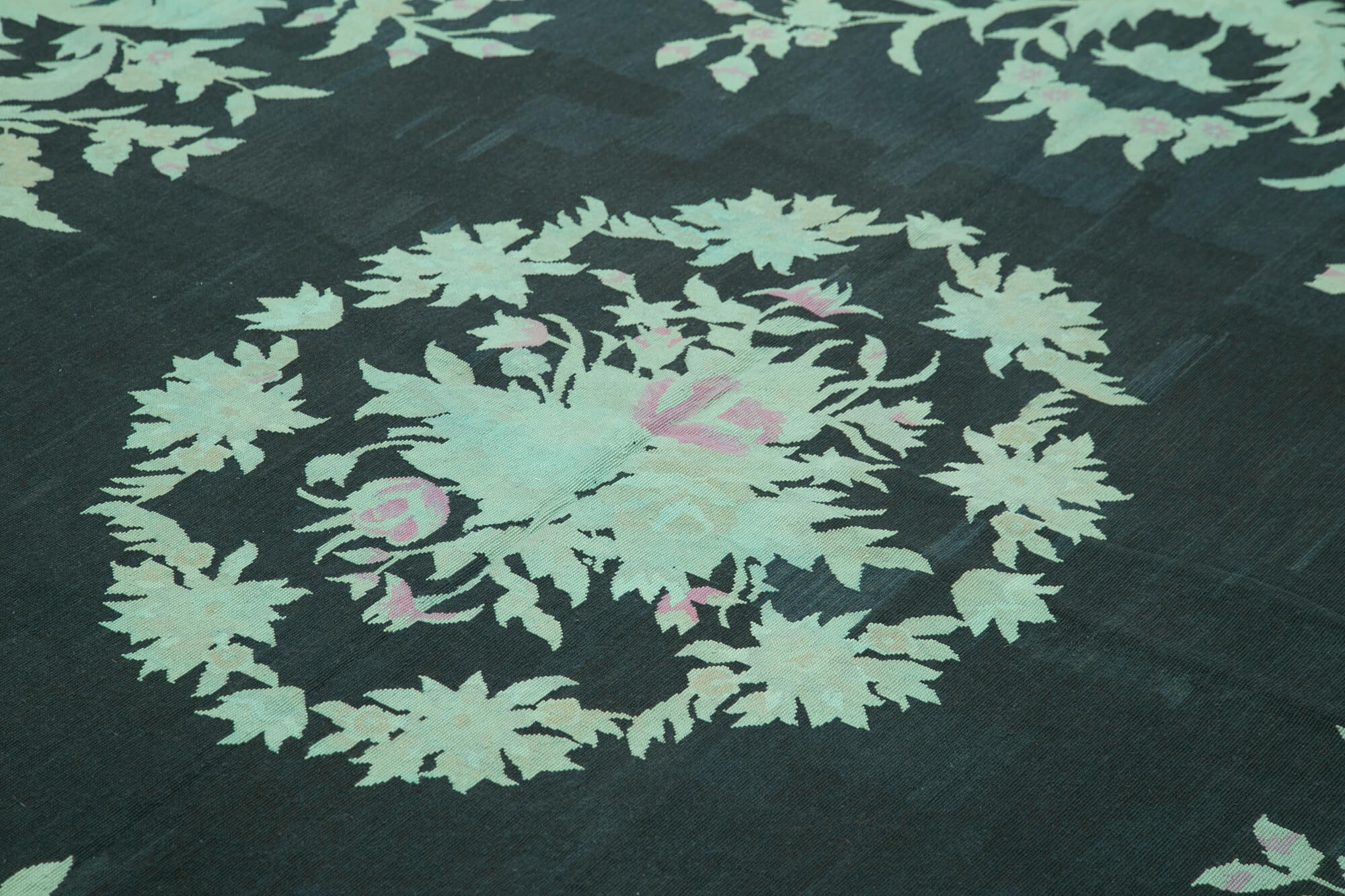 Handmade Area Rug - Turquoise Floral Cotton Wool Vintage Wool Rug 7'9" x 10'6"