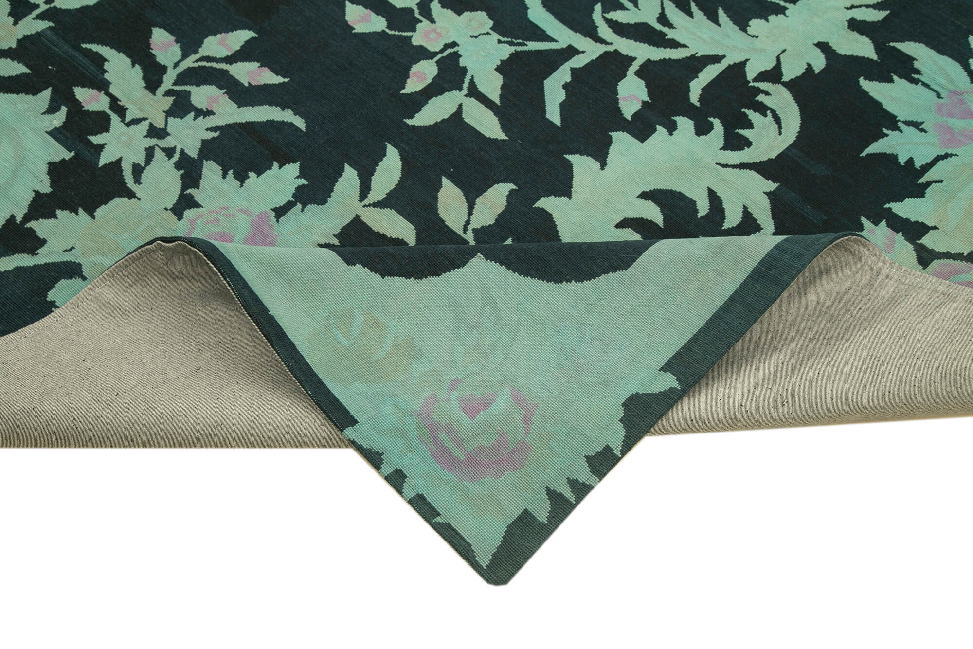 Handmade Area Rug - Turquoise Floral Cotton Wool Vintage Wool Rug 7'9" x 10'6"