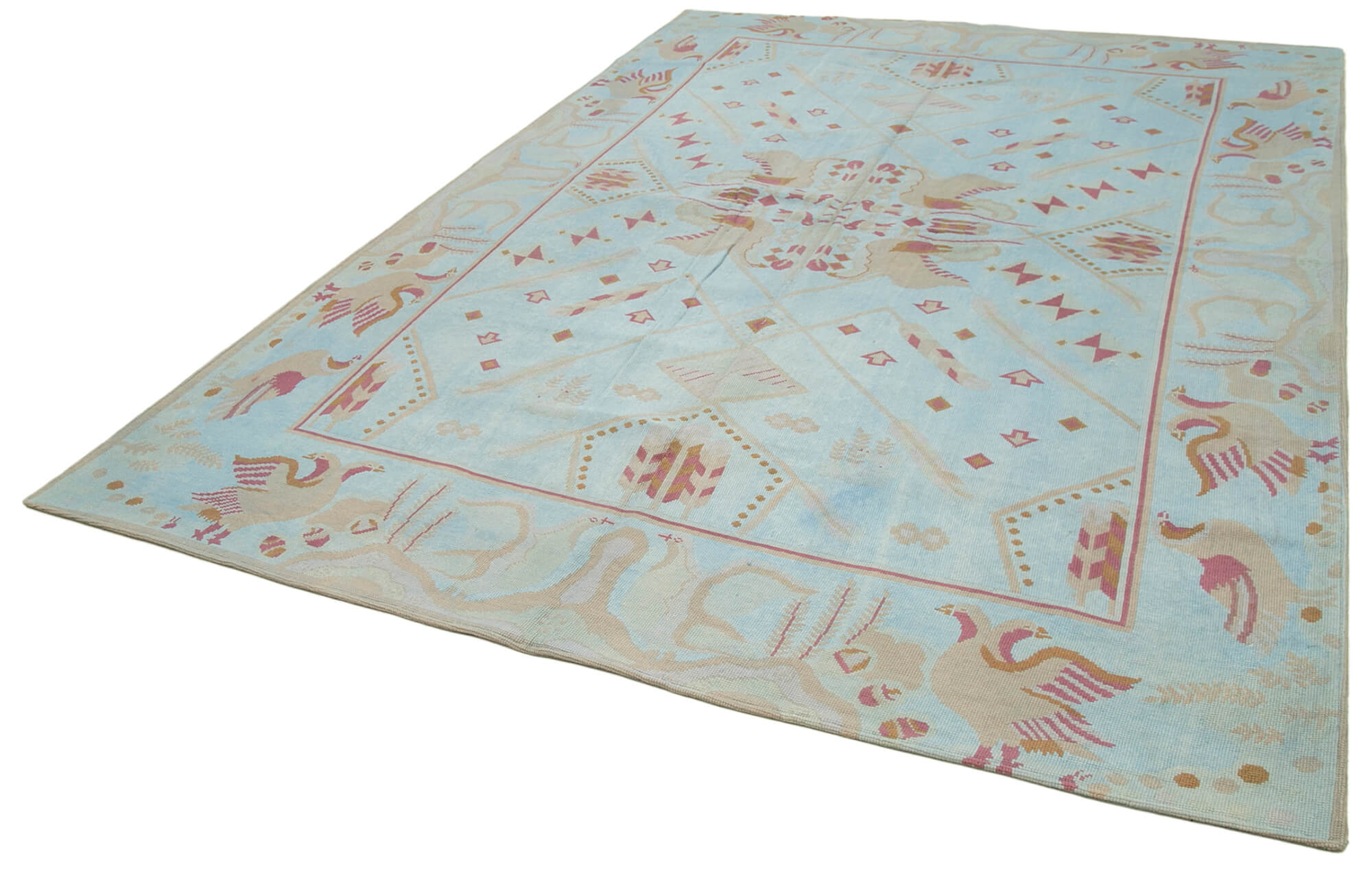 Handmade Wool Area Rug | Vintage Turkish Rug, Blue Floral Pattern Carpet with Soft Cotton Blend 7'10''x11'0''