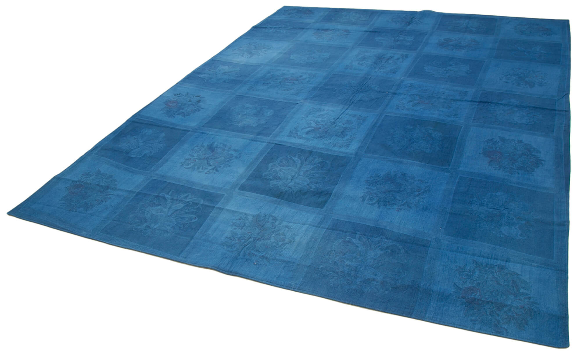 Handmade Wool Area Rug - Blue Floral Vintage Carpet 7x11 Cotton Wool Rug