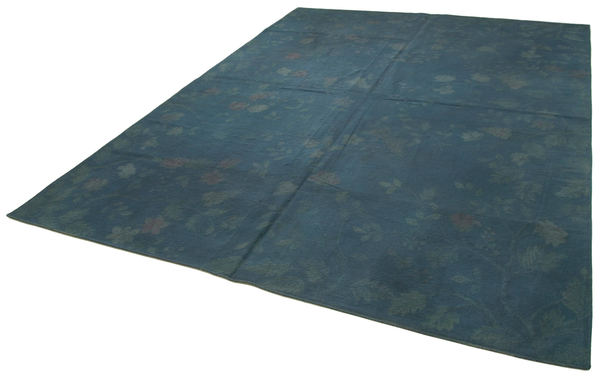 Handmade Area Rug – Blue Floral Cotton Wool Vintage Turkish Carpet 8'4''x11'3''