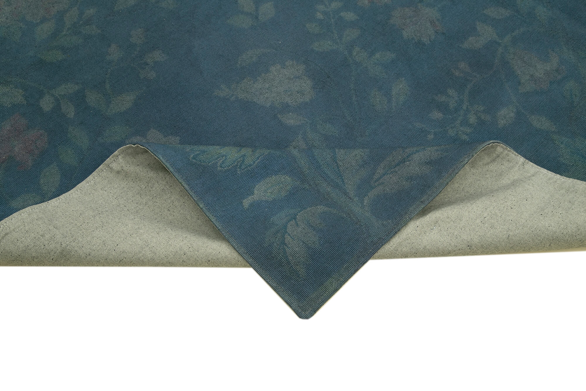 Handmade Area Rug – Blue Floral Cotton Wool Vintage Turkish Carpet 8'4''x11'3''