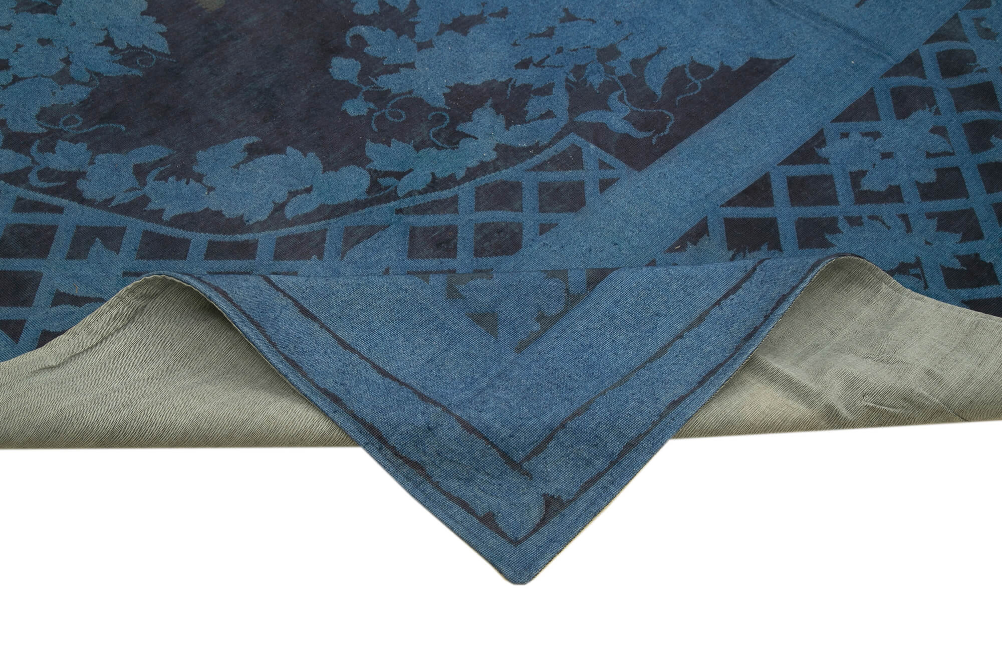 Handmade Area Rug – Blue Floral Pattern Cotton Wool Vintage Turkish Carpet 9'3''x12'3''