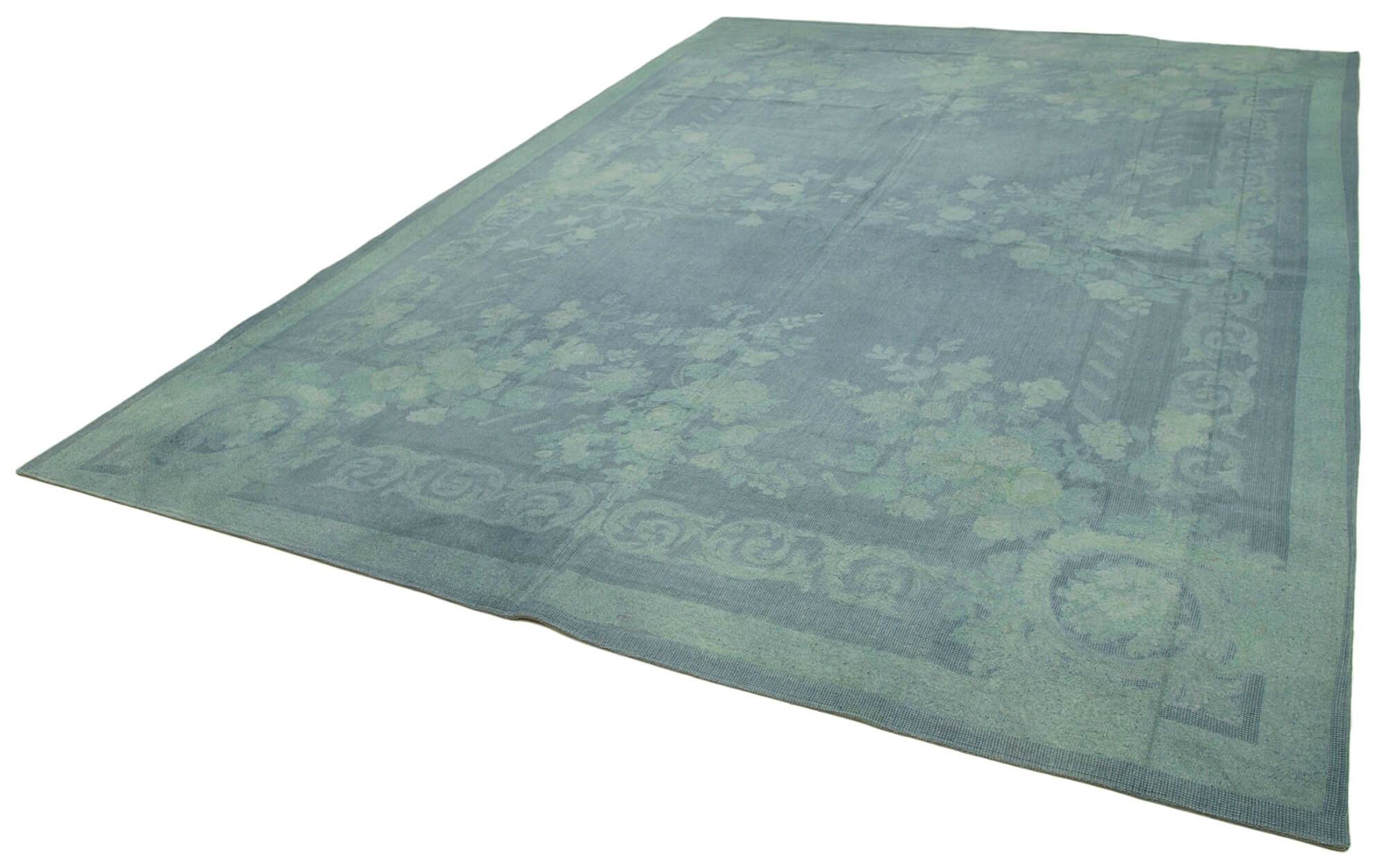 Handmade Wool Area Rug – Blue Floral Rug Cotton Wool Carpet 9'2''x13'1''