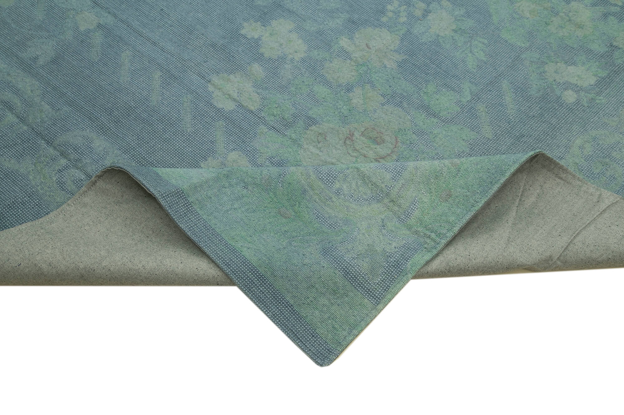 Handmade Wool Area Rug – Blue Floral Rug Cotton Wool Carpet 9'2''x13'1''