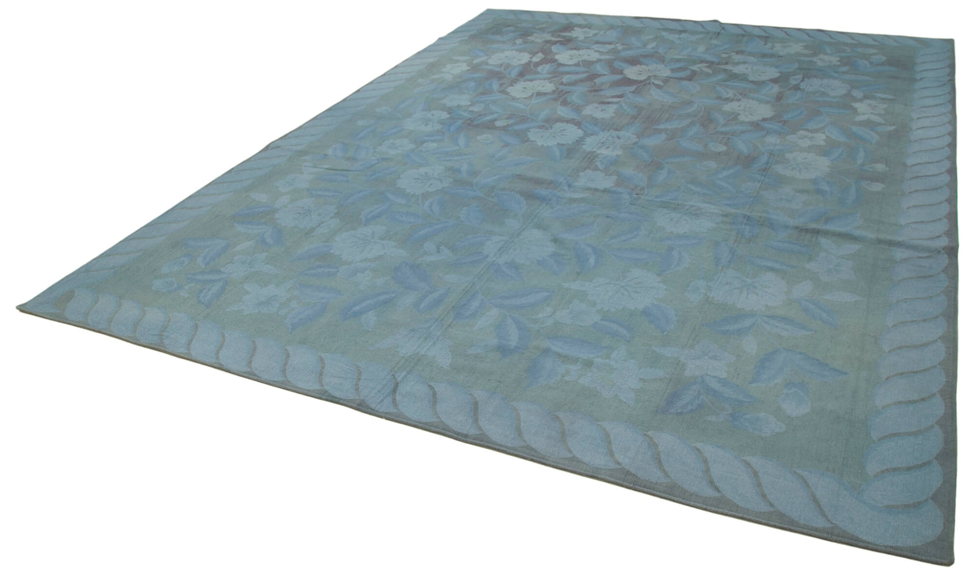 Handmade Wool Area Rug – Blue Floral Vintage Turkish Carpet, Durable Cotton Weave 9'2''x11'10''