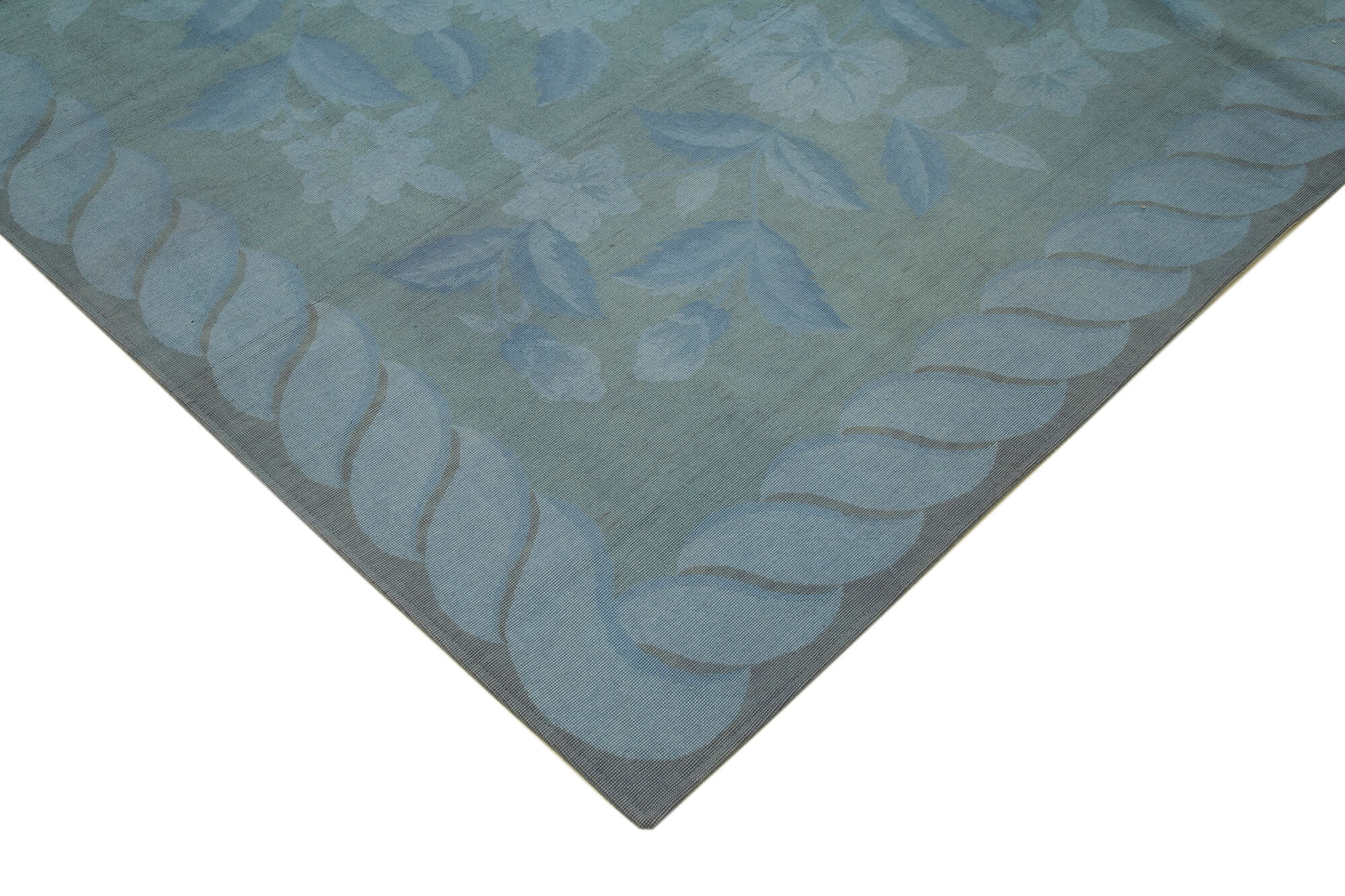 Handmade Wool Area Rug – Blue Floral Vintage Turkish Carpet, Durable Cotton Weave 9'2''x11'10''