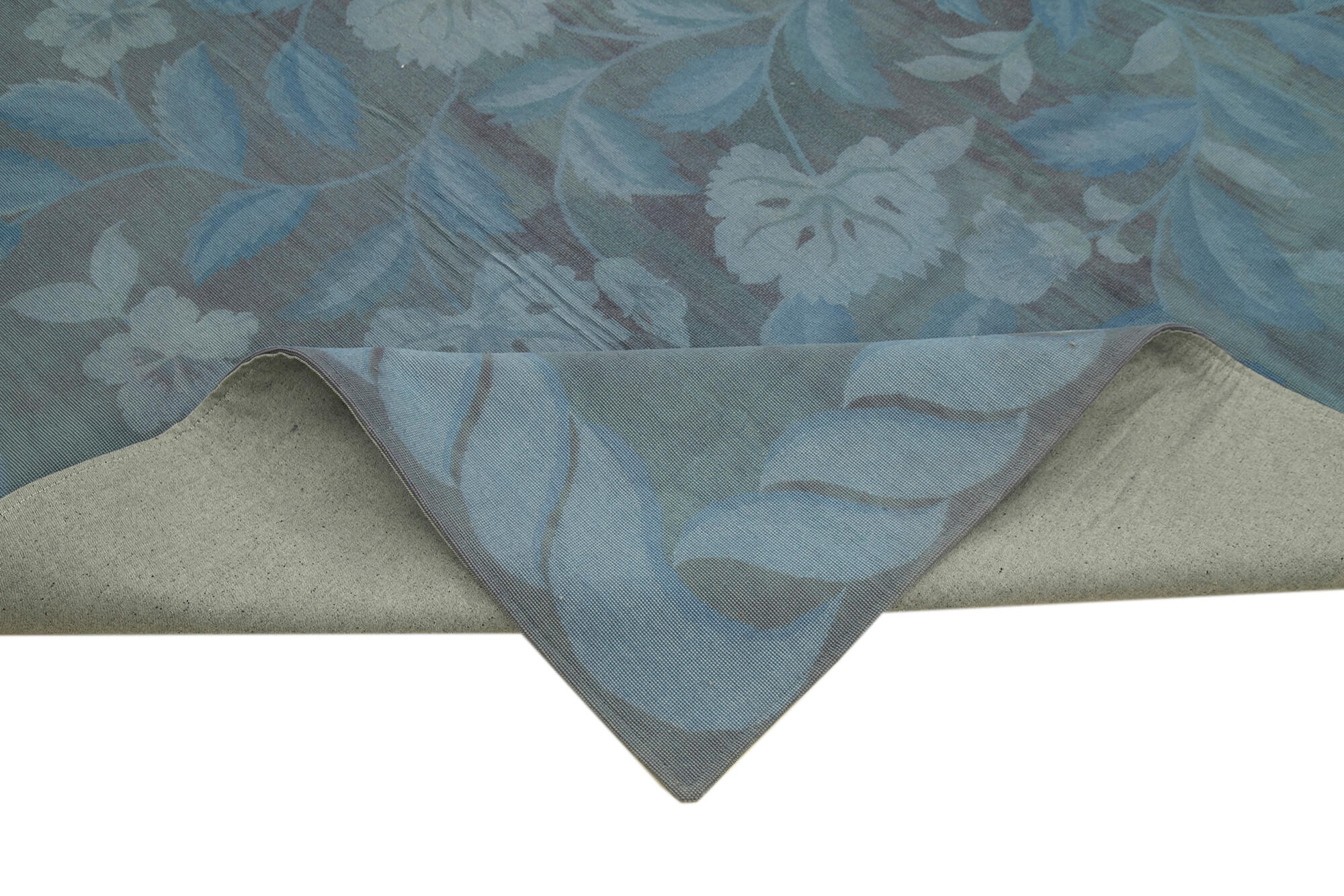 Handmade Wool Area Rug – Blue Floral Vintage Turkish Carpet, Durable Cotton Weave 9'2''x11'10''