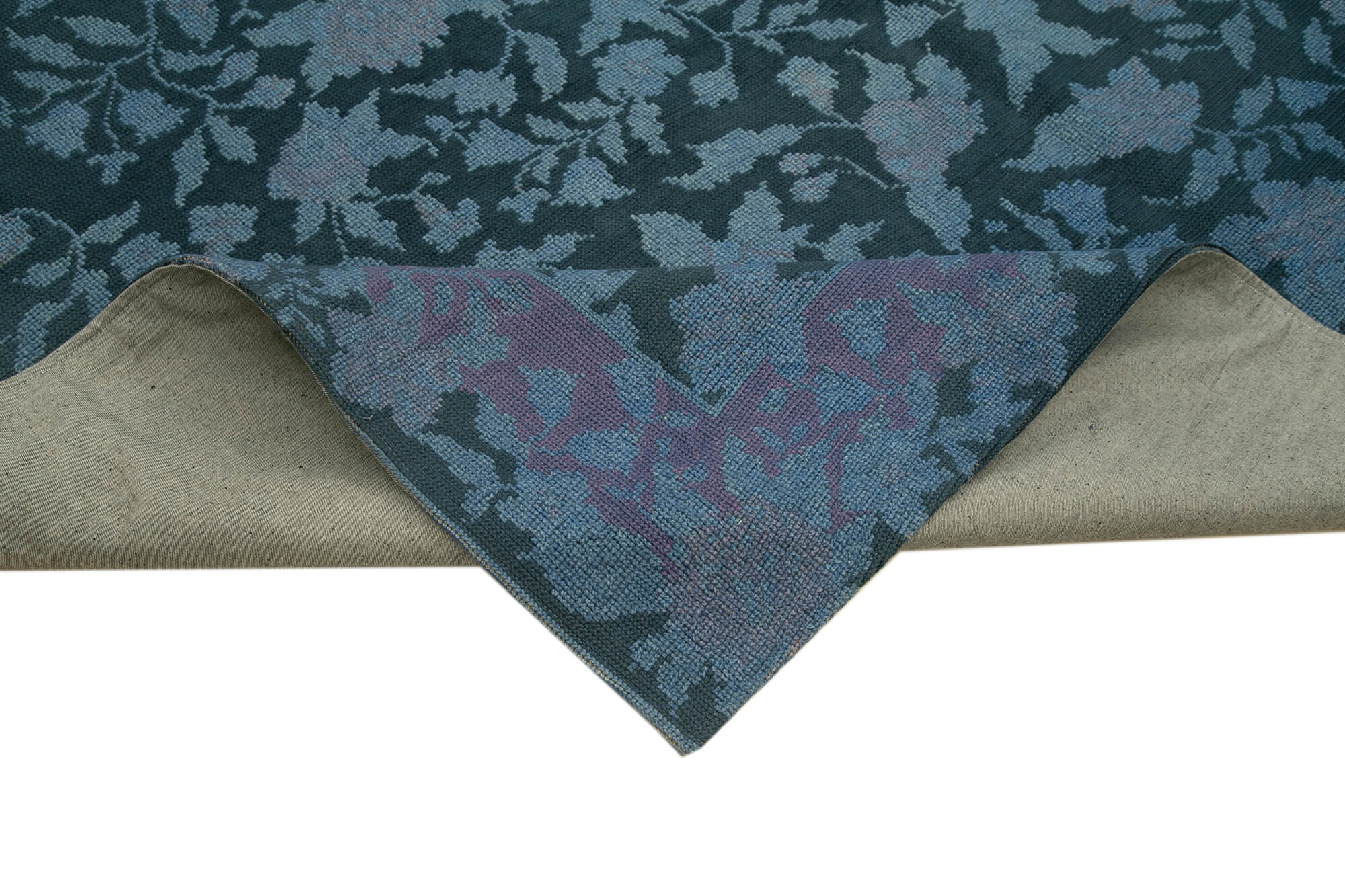 Handmade Wool Area Rug – Blue Floral Vintage Hand Woven Rug 9'7''x13'0'' Cotton Wool Carpet