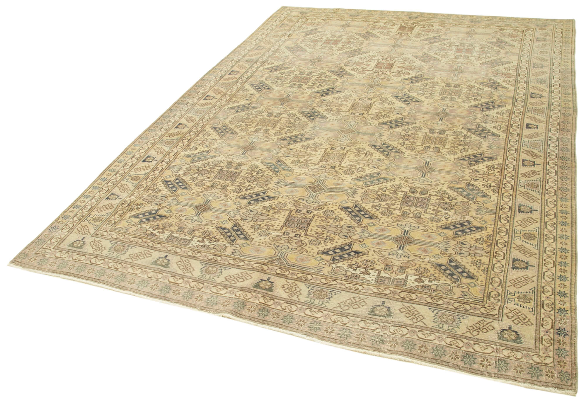 Vintage Cotton Wool Rug - Handmade Beige Wool Area Rug 6'6'' x 9'5'' | Durable Turkish Vintage Carpet