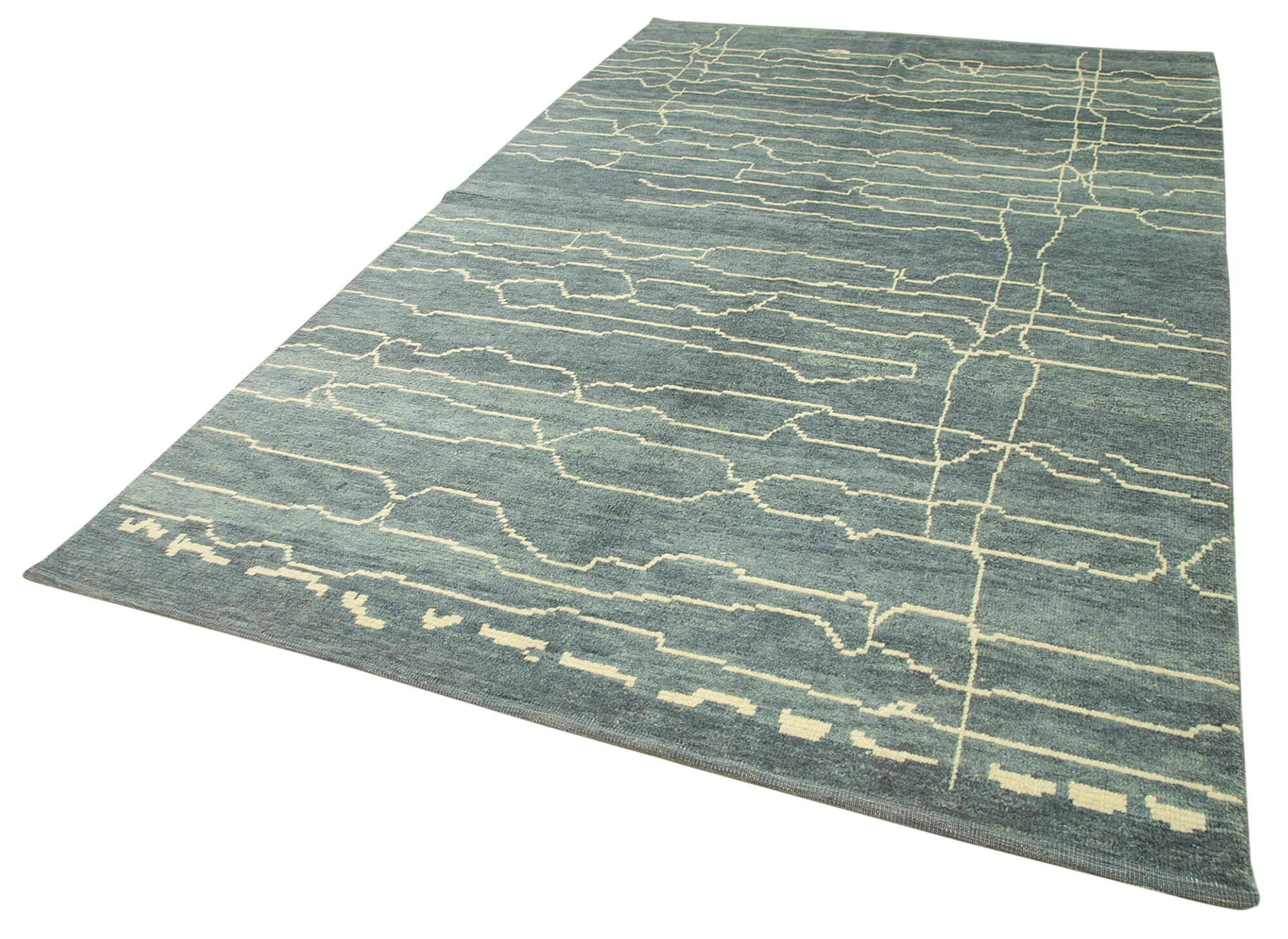 Handmade Wool Cotton Rug – Blue Geometric Area Rug, Durable Wool Carpet