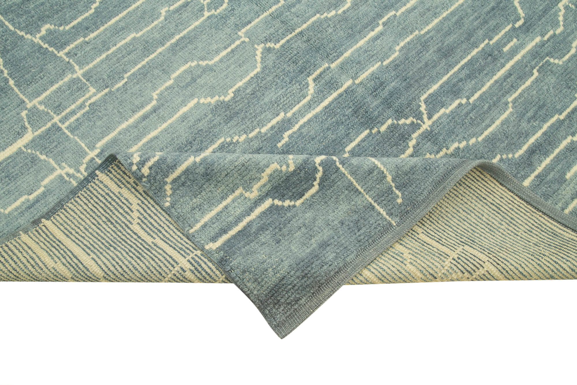 Handmade Wool Cotton Rug – Blue Geometric Area Rug, Durable Wool Carpet