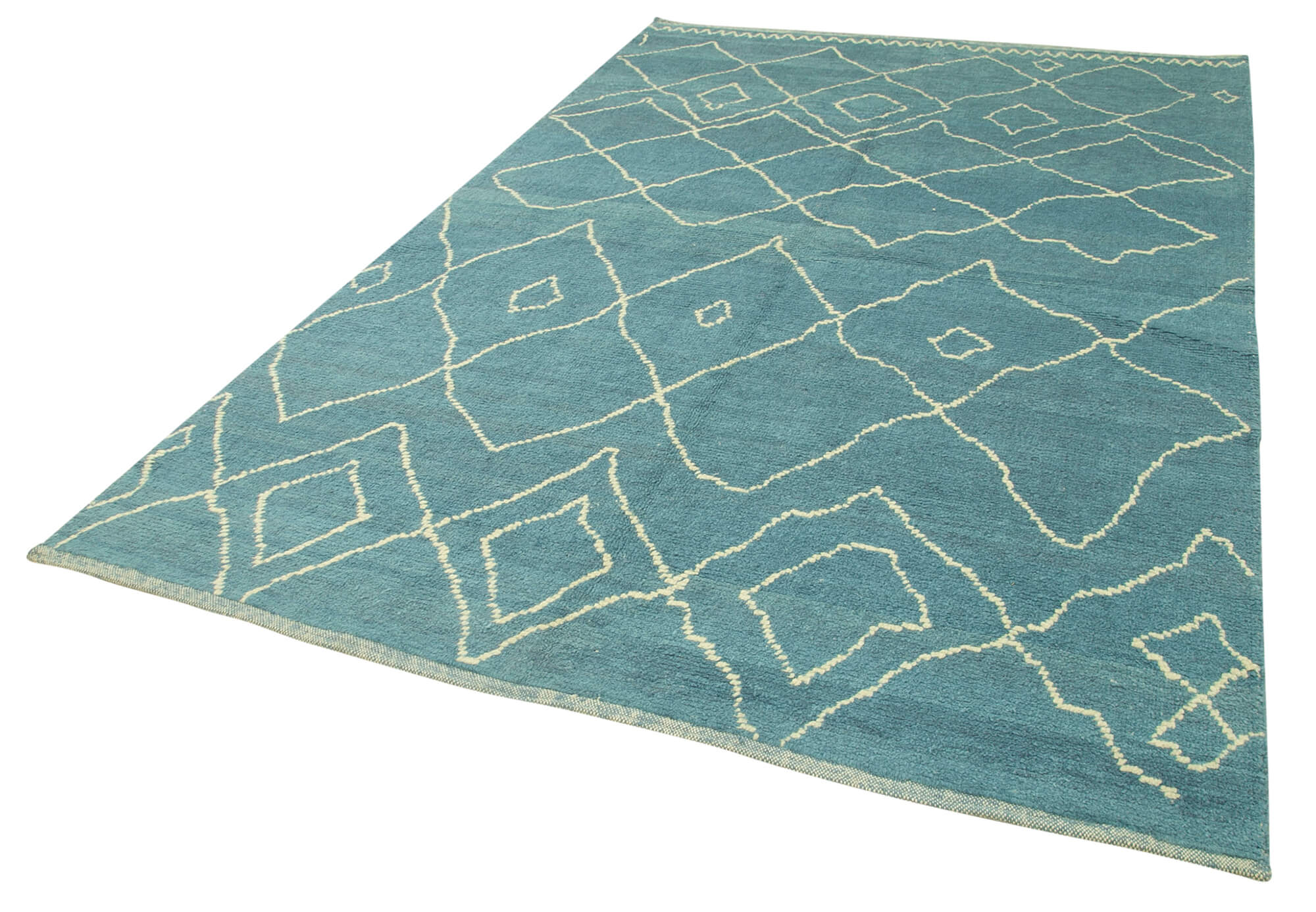 Handmade Wool Cotton Rug – Blue Geometric Pattern Carpet 6x9 Feet Durable Floor Covering