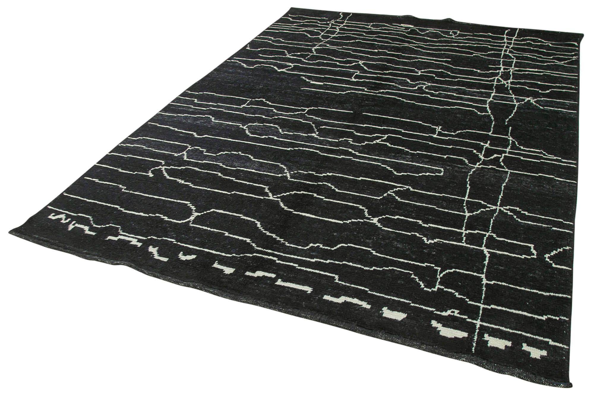 Handmade Wool Cotton Rug | Vintage Turkish Carpet, Black Geometric Pattern 6x9