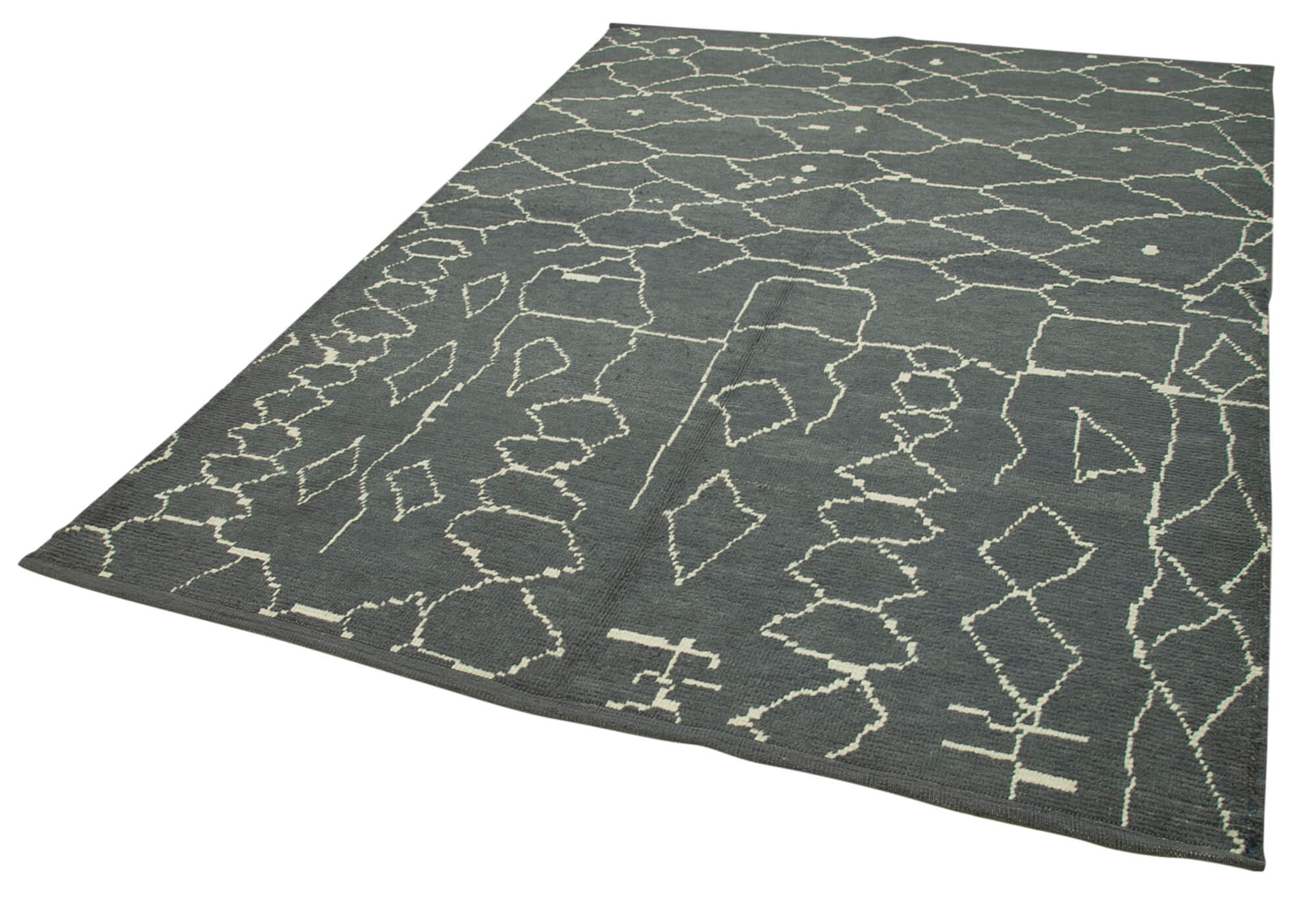 Handmade Wool Cotton Rug – Grey Geometric Area Rug | Vintage Turkish Hand Knotted Carpet 6'4" x 9'1"