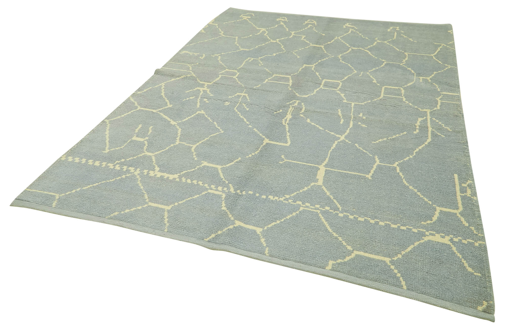 Handmade Wool Cotton Rug – Blue Geometric Pattern Carpet 6x9 Feet Vintage Handwoven