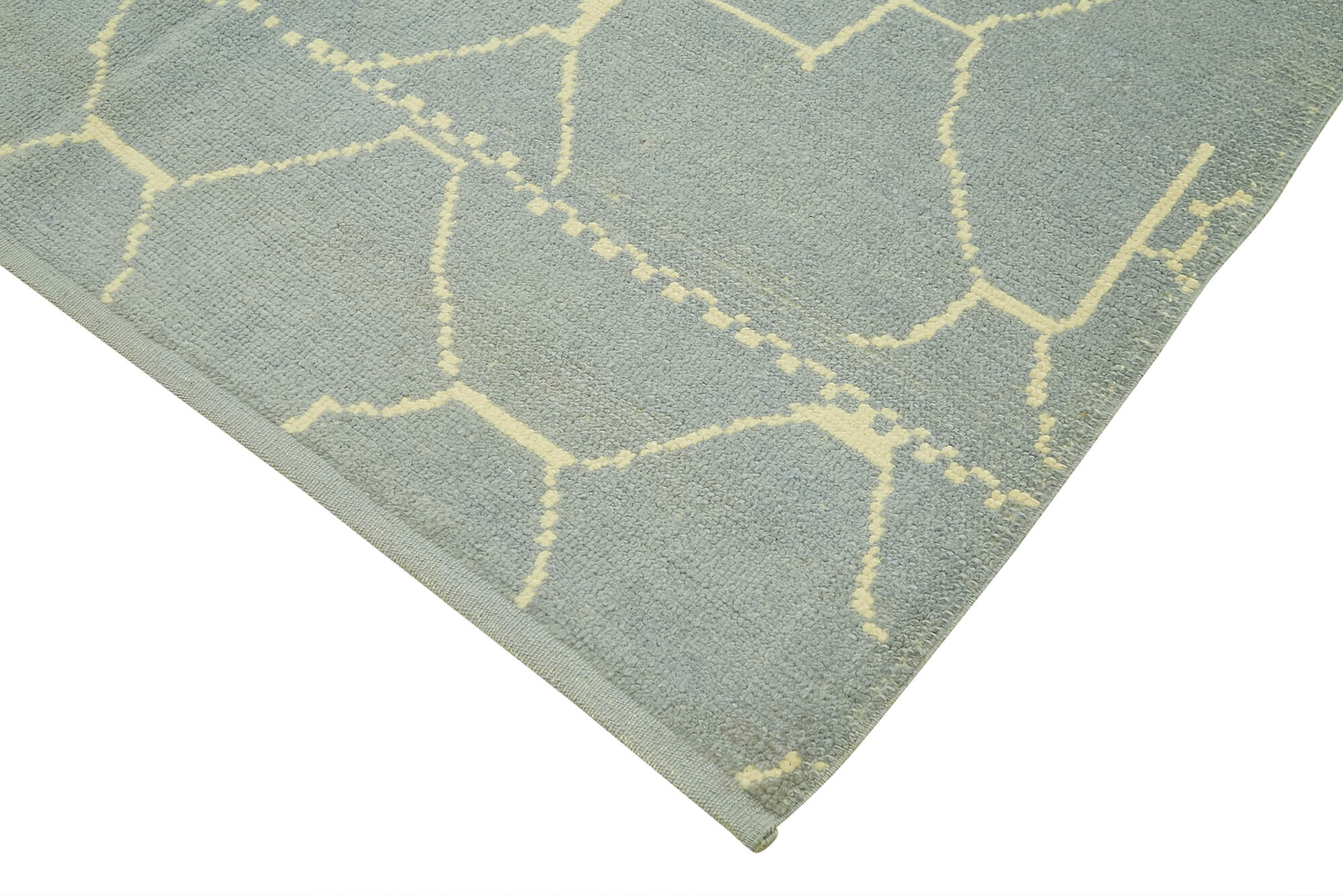 Handmade Wool Cotton Rug – Blue Geometric Pattern Carpet 6x9 Feet Vintage Handwoven