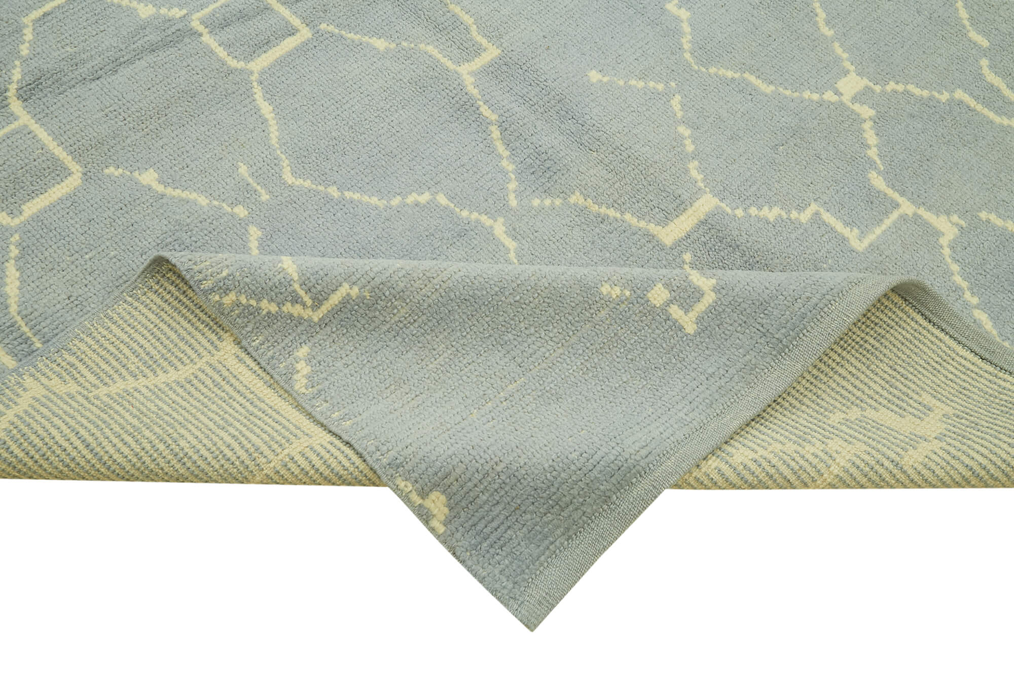 Handmade Wool Cotton Rug – Blue Geometric Pattern Carpet 6x9 Feet Vintage Handwoven