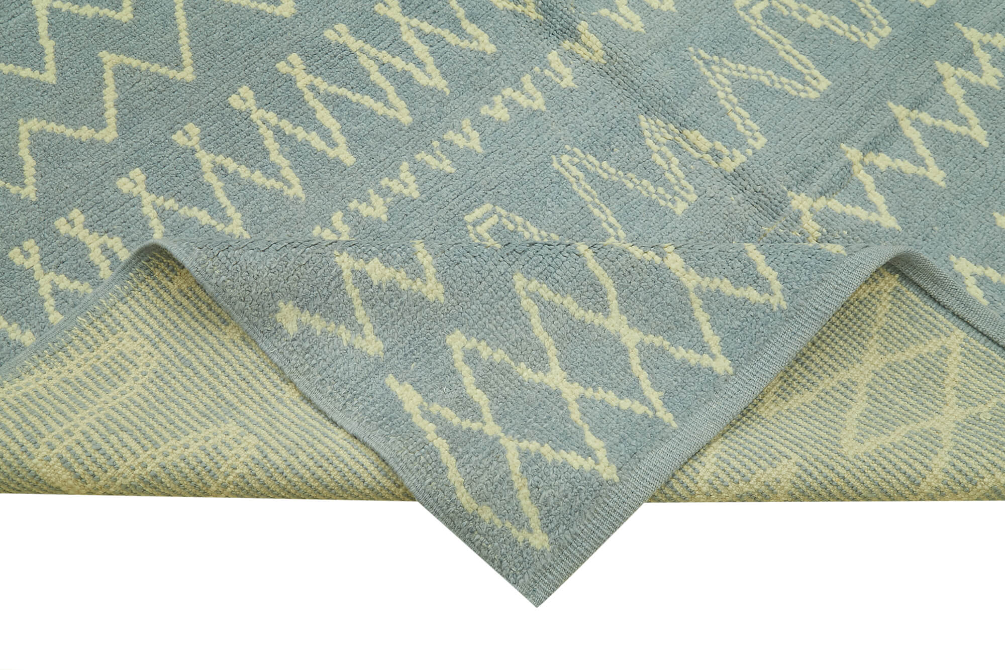Handmade Wool Cotton Rug – Blue Geometric Pattern 6'3''x9'6'' Artisan Crafted Carpet