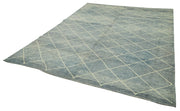 Handmade Wool Cotton Rug - Blue Geometric Pattern Carpet | Vintage Turkish Floor Covering