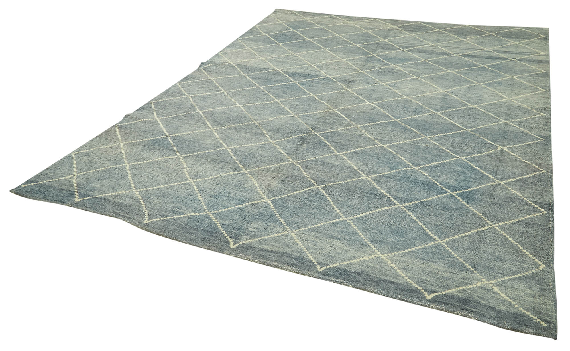 Handmade Wool Cotton Rug - Blue Geometric Pattern Carpet | Vintage Turkish Floor Covering