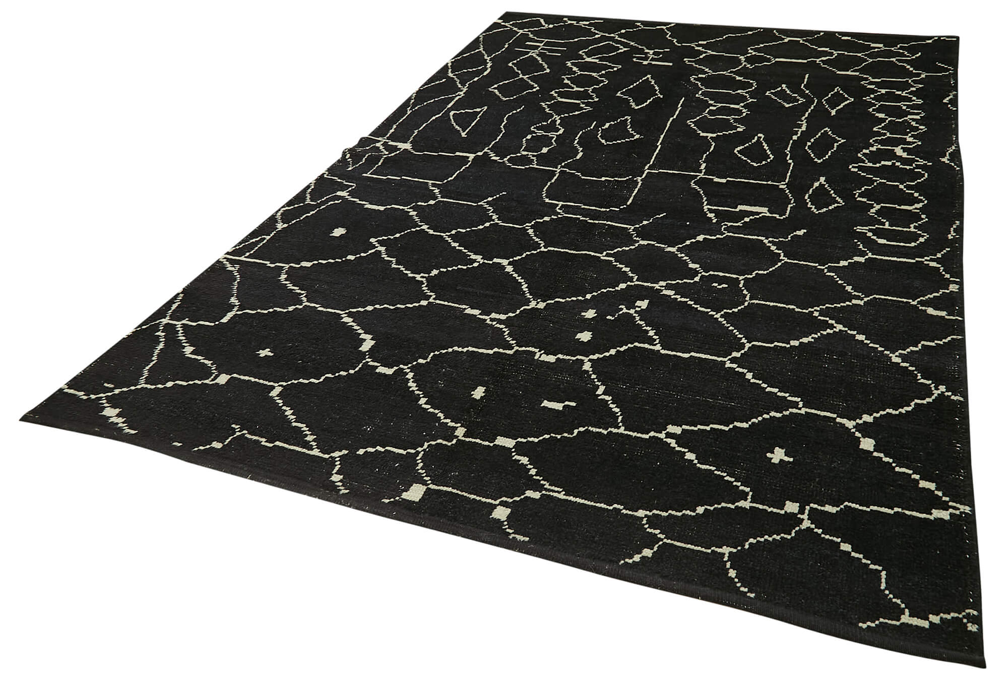 Handmade Wool Cotton Rug – Black Geometric Pattern Carpet | Durable Vintage Turkish Area Rug 6'5" x 9'9"