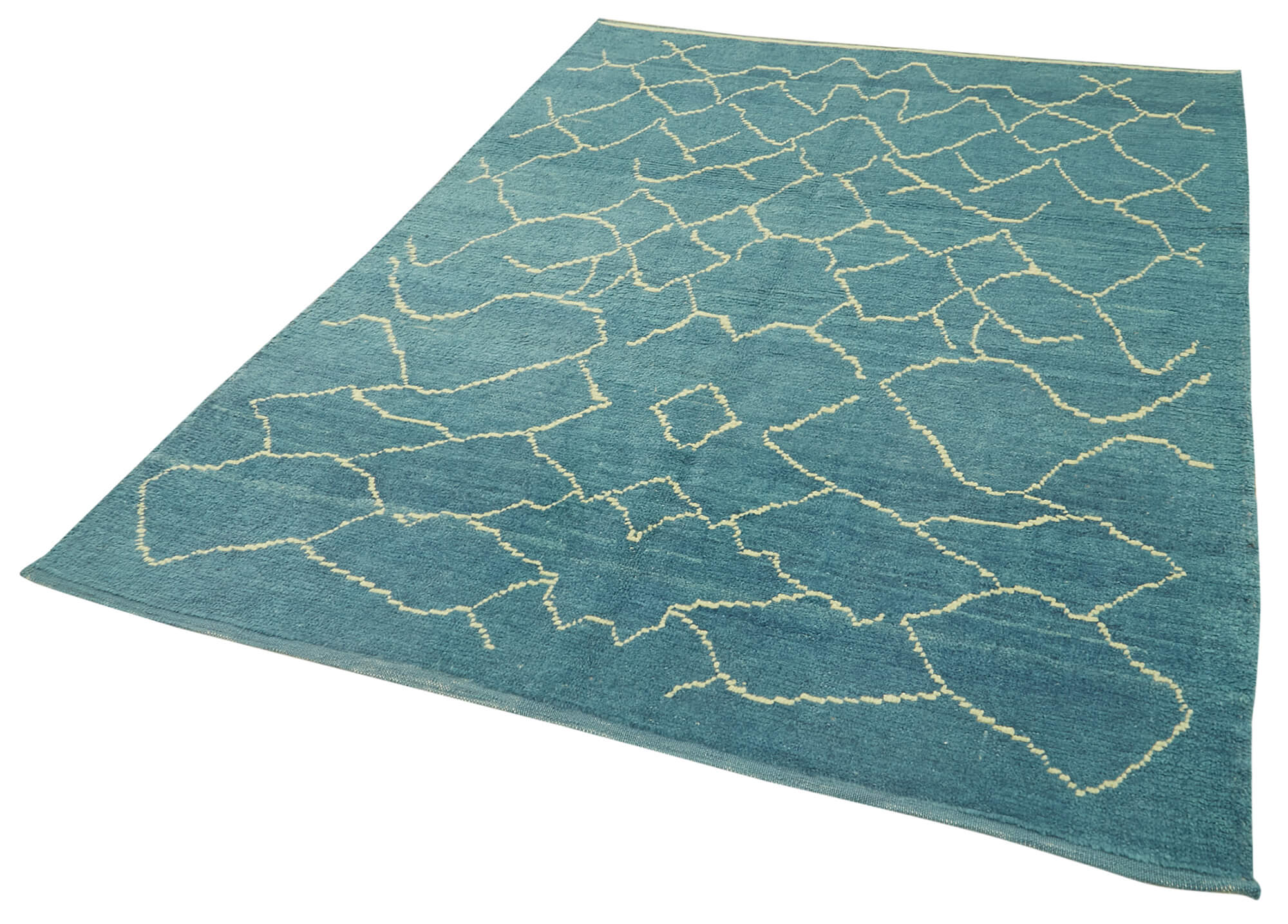 Handmade Wool Cotton Rug – Blue Geometric Pattern Carpet, Durable Woven Area Rug 5'7''x7'4''