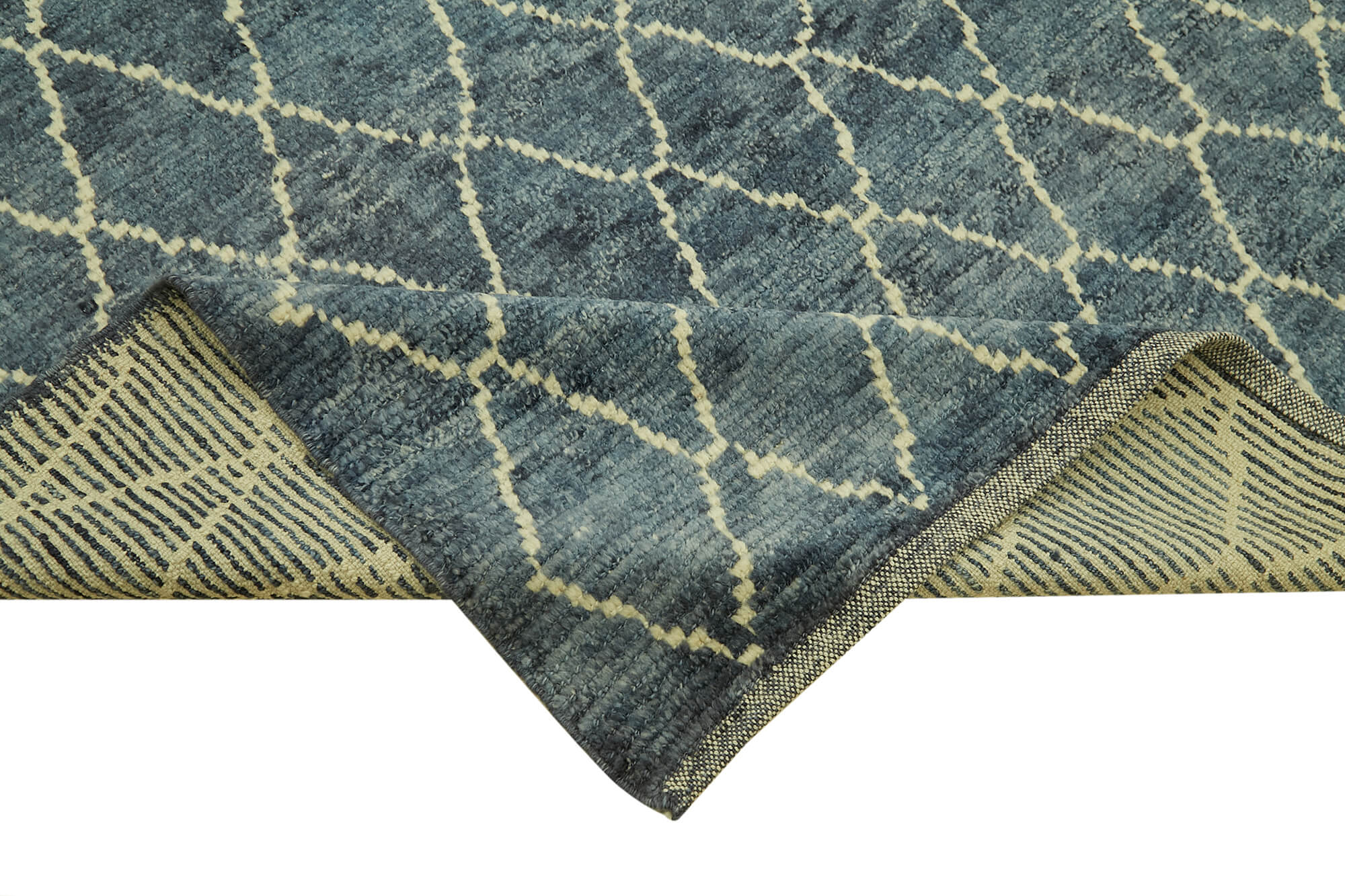 Handmade Wool Rug - Blue Geometric Rug | Wool Cotton Carpet, Vintage Design 5'8''x7'5''
