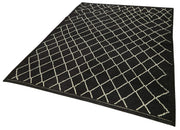 Handmade Wool Cotton Rug | Vintage Turkish Carpet with Black Geometric Design