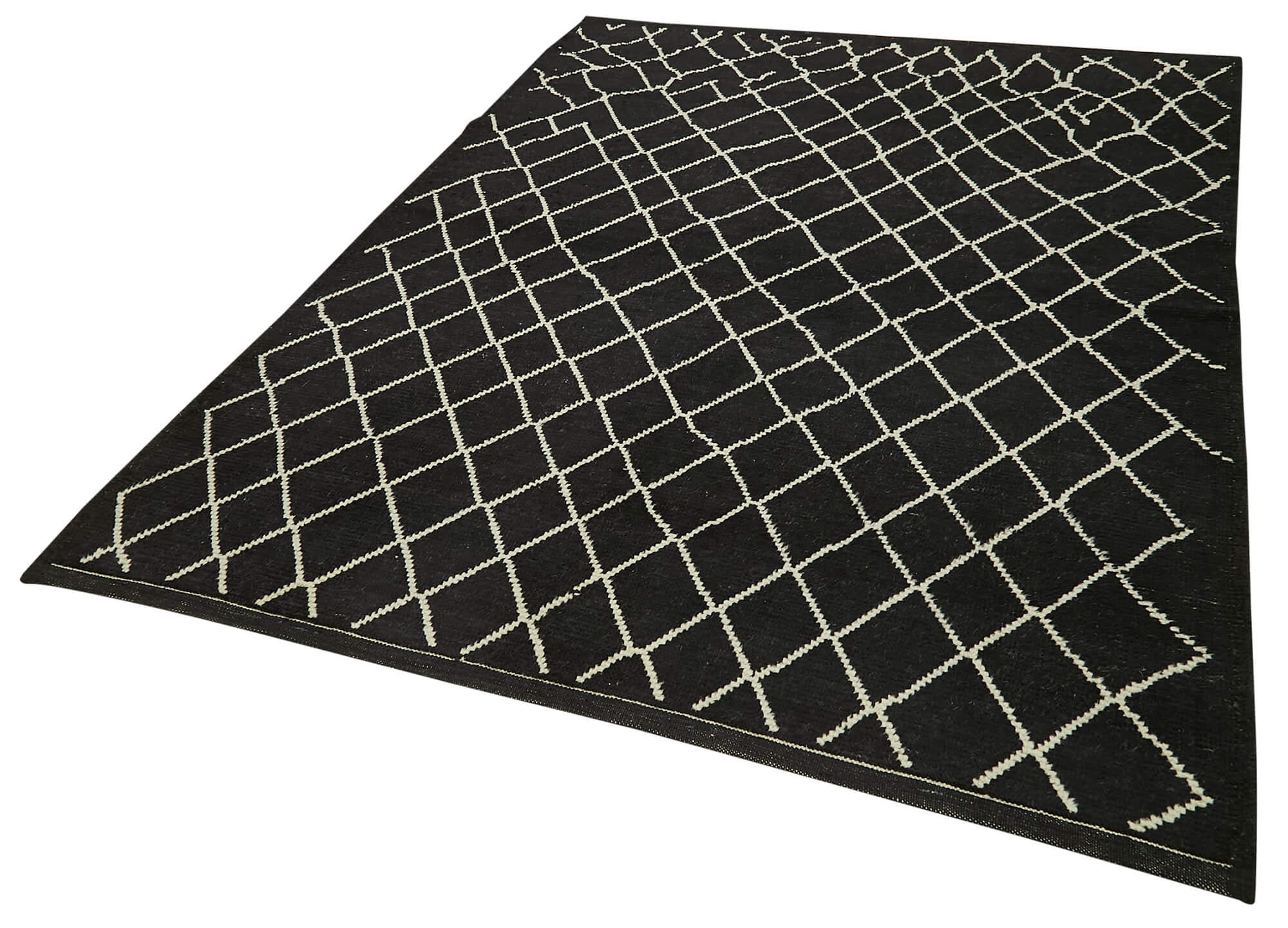 Handmade Wool Cotton Rug | Vintage Turkish Carpet with Black Geometric Design