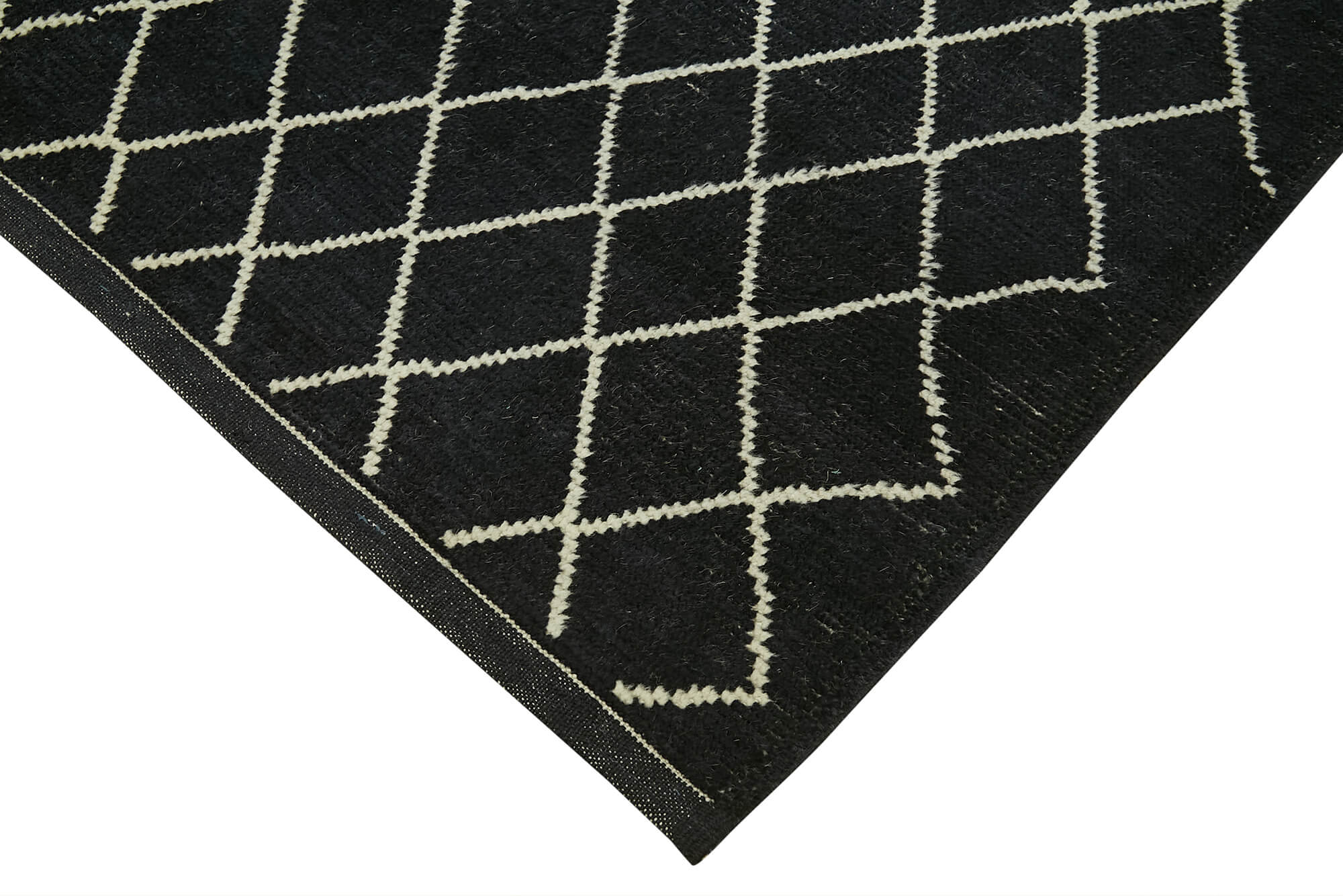 Handmade Wool Cotton Rug | Vintage Turkish Carpet with Black Geometric Design