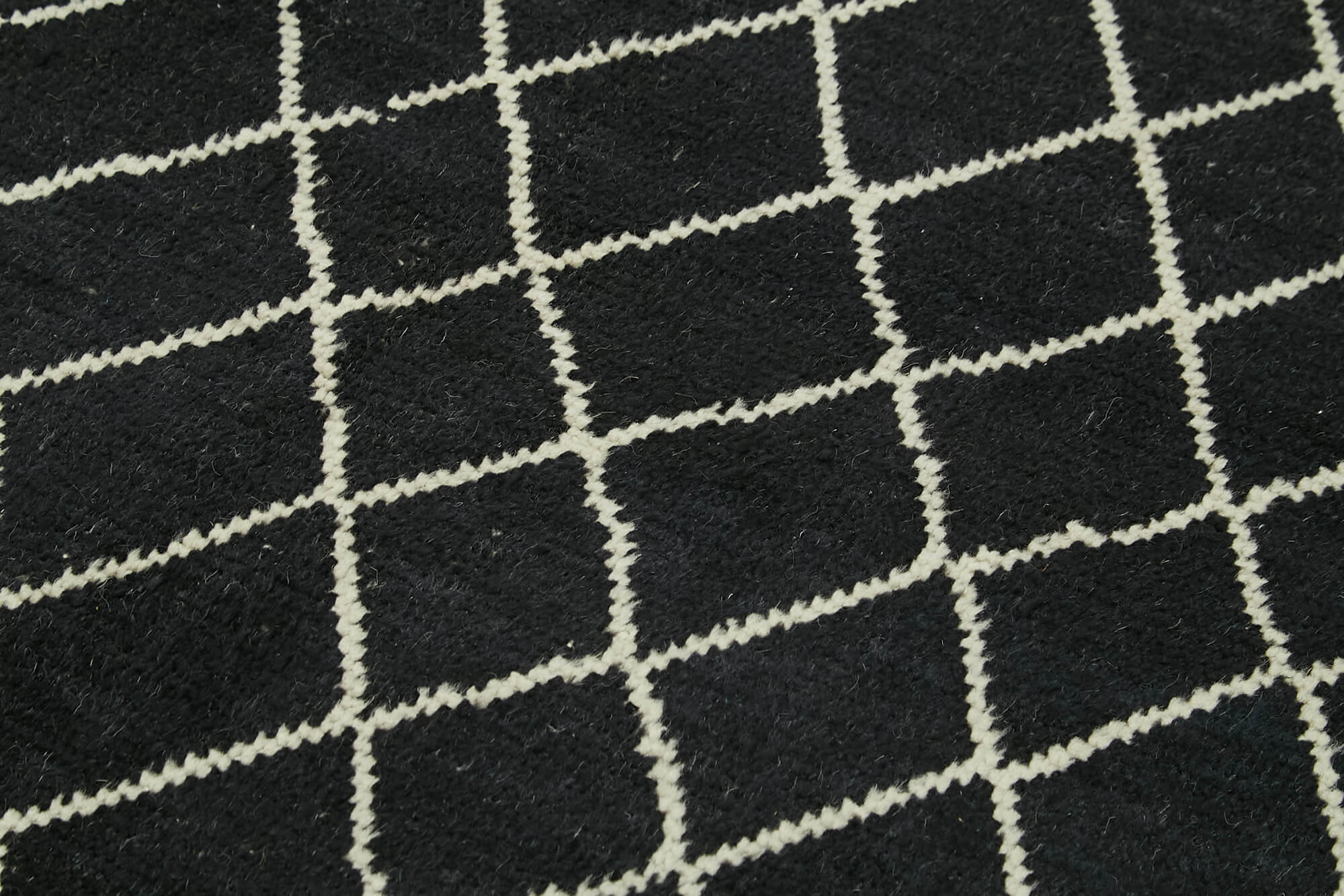Handmade Wool Cotton Rug | Vintage Turkish Carpet with Black Geometric Design
