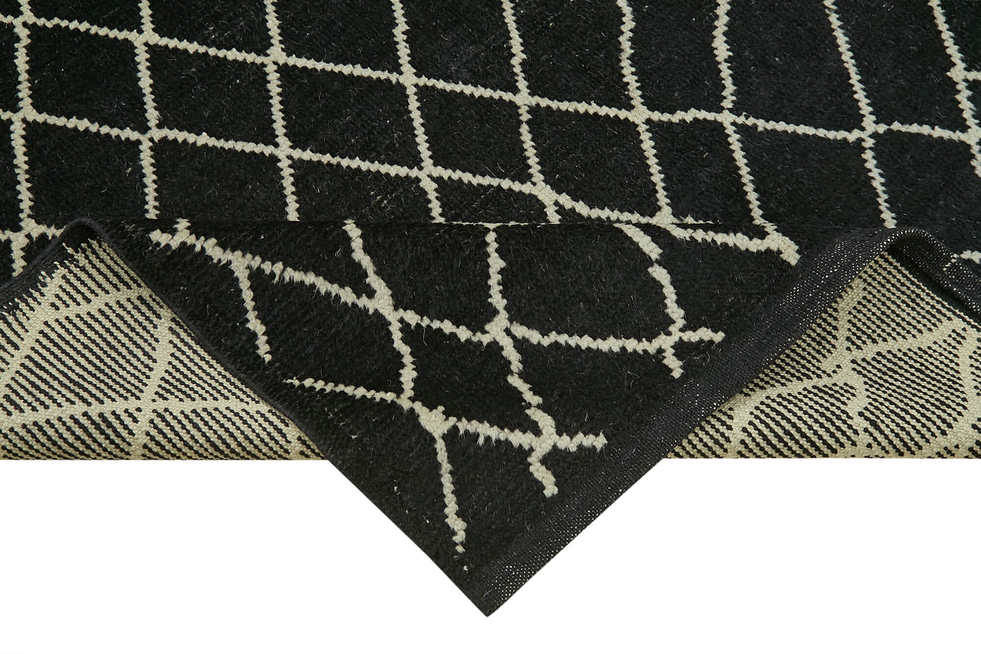 Handmade Wool Cotton Rug | Vintage Turkish Carpet with Black Geometric Design