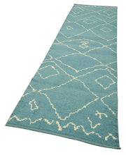 Handmade Wool Area Rug - Blue Geometric Cotton Wool Rug, Durable Floor Covering 3'1''x12'4''