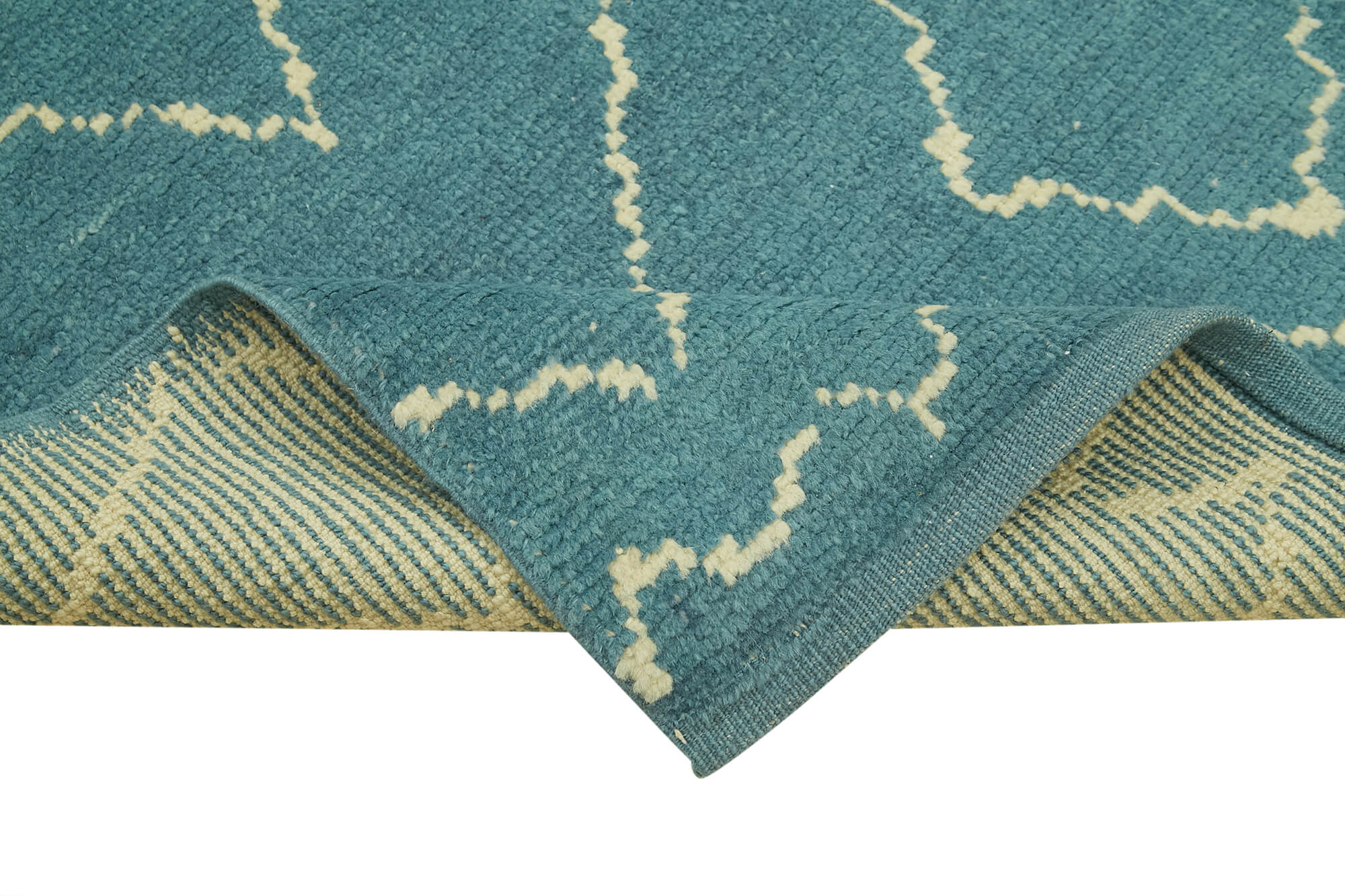 Handmade Wool Area Rug - Blue Geometric Cotton Wool Rug, Durable Floor Covering 3'1''x12'4''