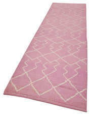 Handmade Area Rug – Pink Geometric Cotton Wool Turkish Hand Knotted Carpet 3'1''x12'2''