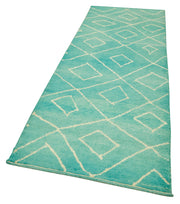 Handmade Wool Area Rug - Turquoise Geometric Pattern Cotton Wool Carpet 3'3''x9'9''