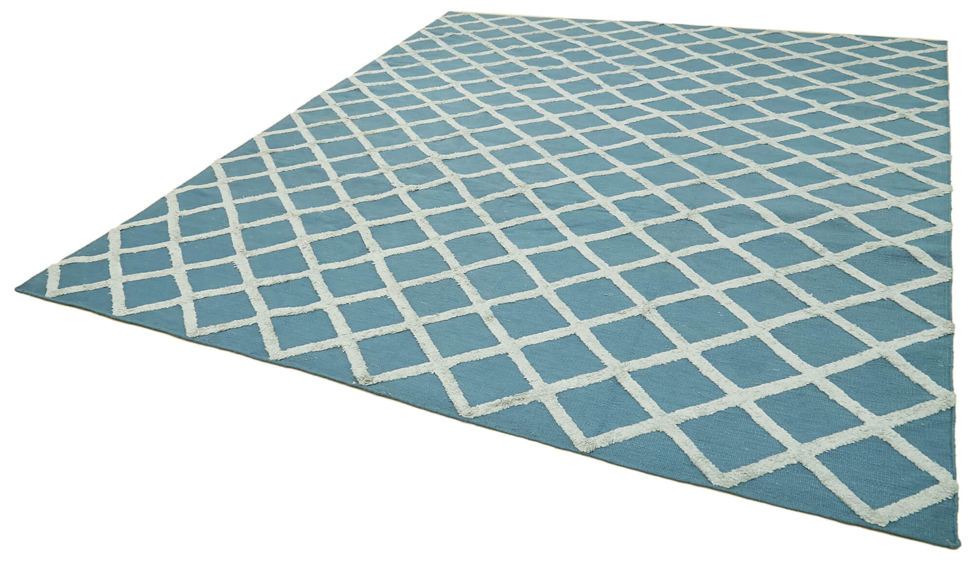 Handmade Wool Cotton Rug – Blue Geometric Area Rug | Durable Cotton Weave, Soft Wool Carpet