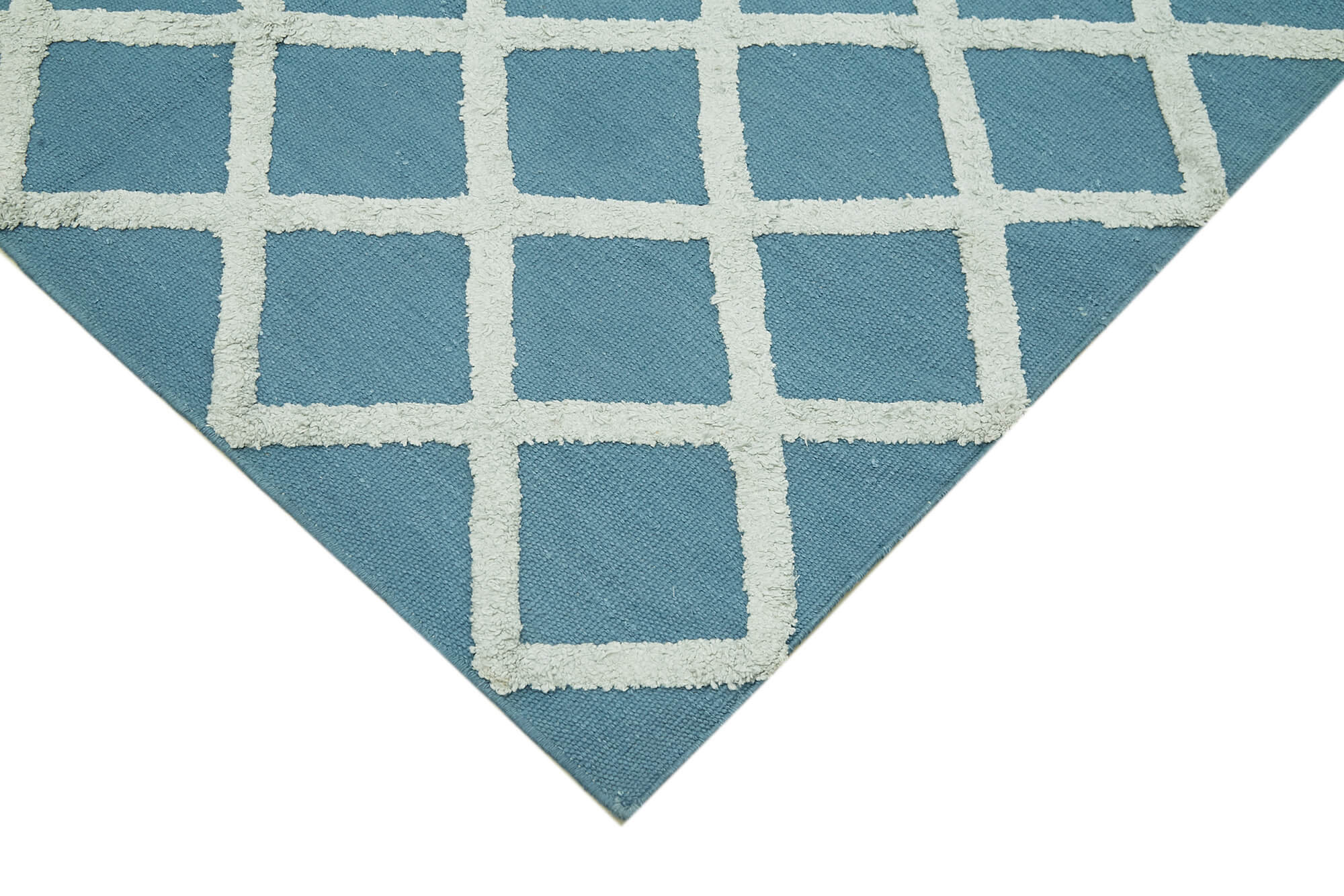 Handmade Wool Cotton Rug – Blue Geometric Area Rug | Durable Cotton Weave, Soft Wool Carpet