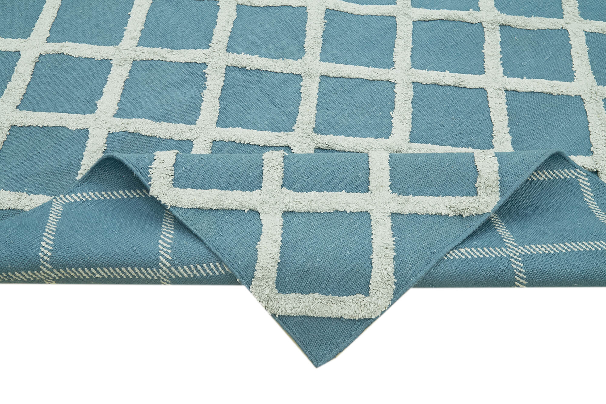 Handmade Wool Cotton Rug – Blue Geometric Area Rug | Durable Cotton Weave, Soft Wool Carpet