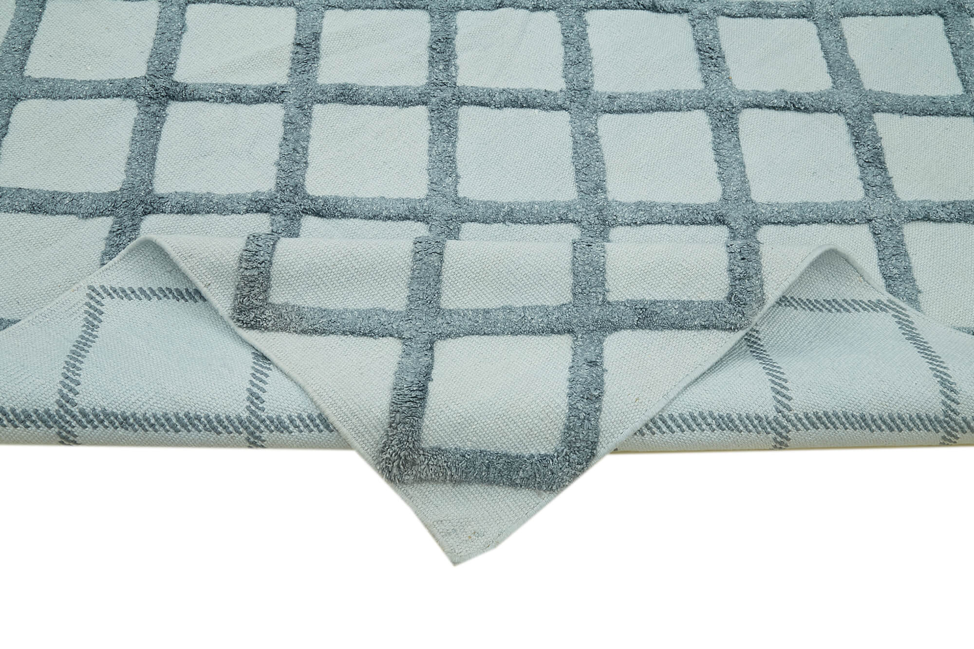 Handmade Wool Cotton Rug – Blue Geometric Area Rug | Durable Living Room Carpet